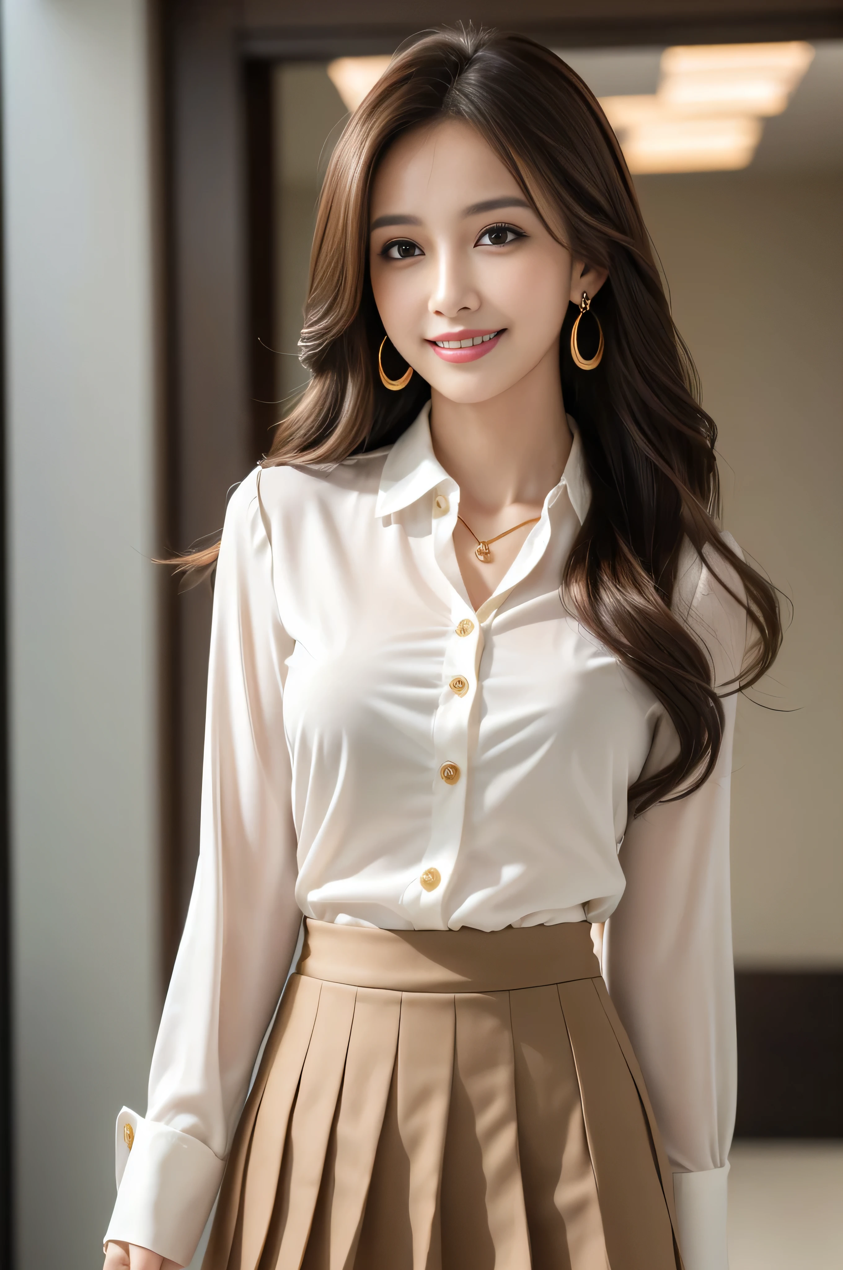 masutepiece, Best Quality, Photorealistic, Ultra-detailed, finely detail, High resolution, 8K Wallpaper, 1 beautiful woman,, light brown messy hair, in a business suit, sharp focus, Perfect dynamic composition, Beautiful detailed eyes, detailed hairs, Detailed realistic skin texture, Smiling, Close-up portrait, Model body type、((Super long brown hair:1.2))、((Hair with loose waves inside:1.2)),((shy smile:1.3)),((gold necklace_Large earrings:1.2)),full body shot、(((full figure supermodel standing, full body shot, entire body in frame))),((white long sleeve button up blouse_with collar_Remove up to the second button_brown pleated mini skirt:1.3)),((With a smile_running towards here_Long hair fluttering:1.3))