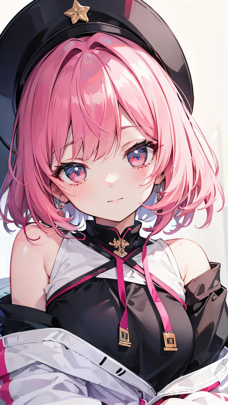 extreme close up face, Short off-shoulder hair in pink and white,Dignified and wonderful Girl, in a pension, grin