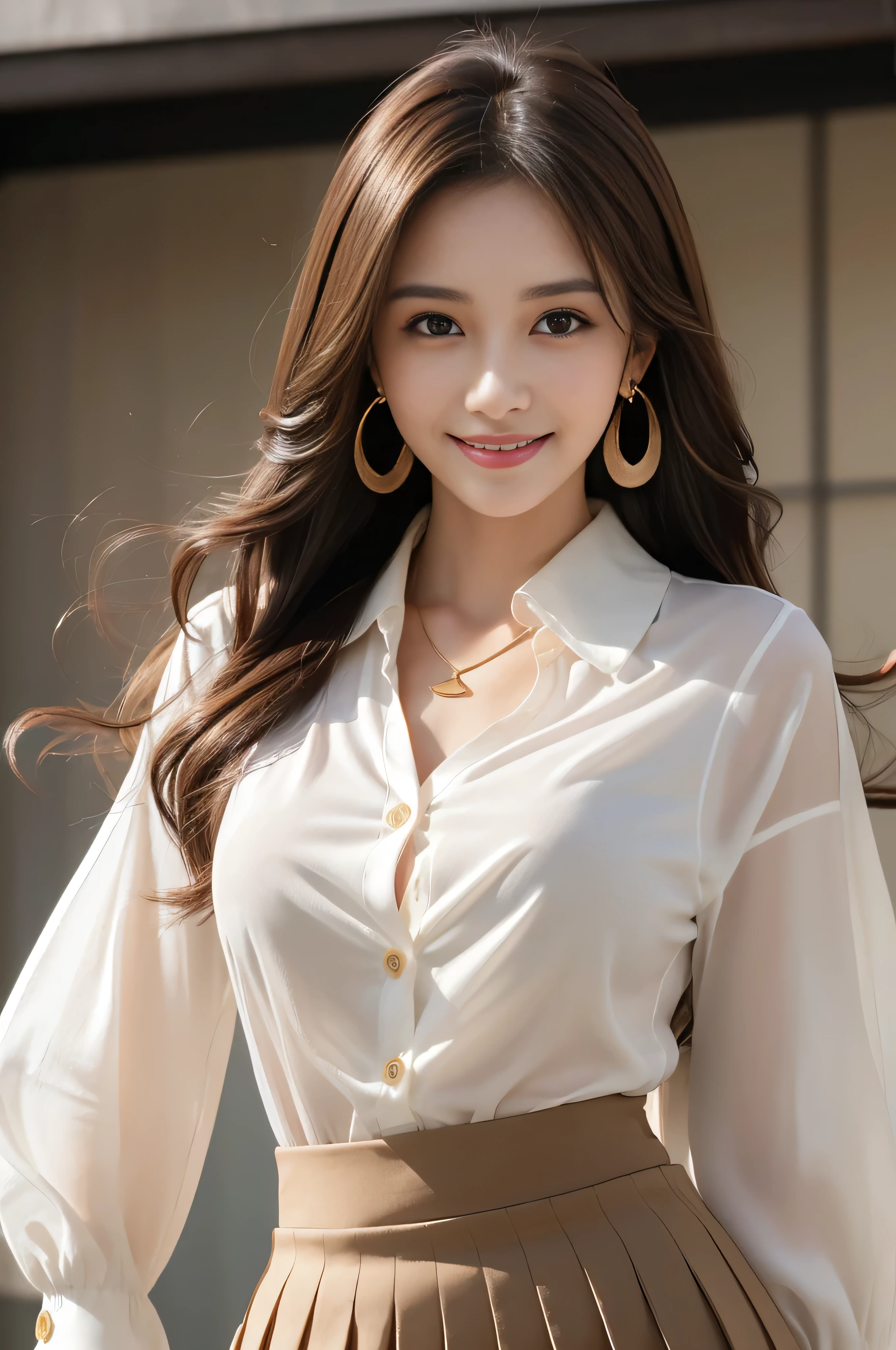 masutepiece, Best Quality, Photorealistic, Ultra-detailed, finely detail, High resolution, 8K Wallpaper, 1 beautiful woman,, light brown messy hair, in a business suit, sharp focus, Perfect dynamic composition, Beautiful detailed eyes, detailed hairs, Detailed realistic skin texture, Smiling, Close-up portrait, Model body type、((Super long brown hair:1.2))、((Hair with loose waves inside:1.2)),((shy smile:1.3)),((gold necklace_Large earrings:1.2)),full body shot、(((full figure supermodel standing, full body shot, entire body in frame))),((white long sleeve button up blouse_with collar_Remove up to the second button_brown pleated mini skirt:1.3)),((With a smile_running towards here_Long hair fluttering:1.3))