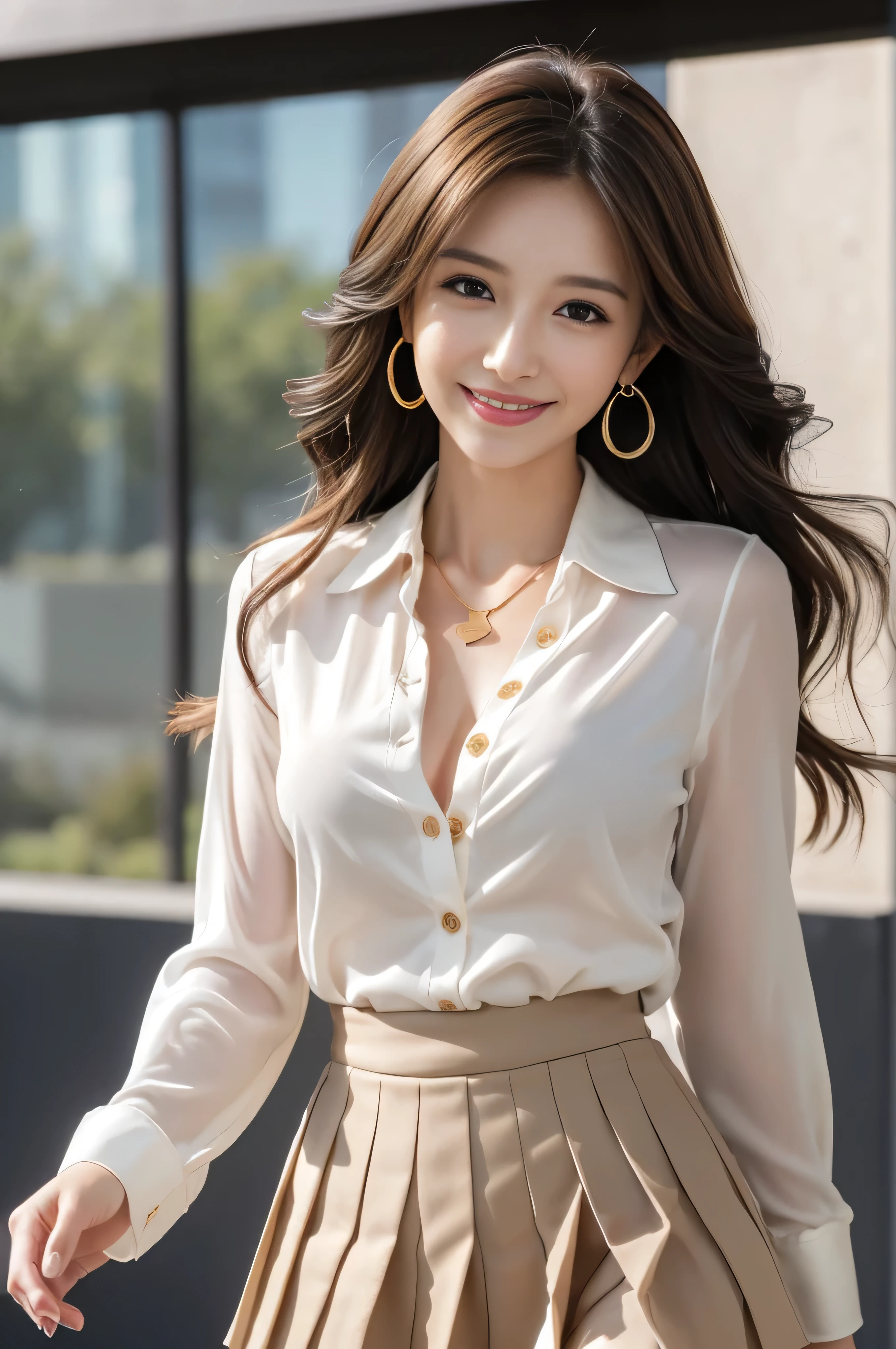 masutepiece, Best Quality, Photorealistic, Ultra-detailed, finely detail, High resolution, 8K Wallpaper, 1 beautiful woman,, light brown messy hair, in a business suit, sharp focus, Perfect dynamic composition, Beautiful detailed eyes, detailed hairs, Detailed realistic skin texture, Smiling, Close-up portrait, Model body type、((Super long brown hair:1.2))、((Hair with loose waves inside:1.2)),((shy smile:1.3)),((gold necklace_Large earrings:1.2)),full body shot、(((full figure supermodel standing, full body shot, entire body in frame))),((white long sleeve button up blouse_with collar_Remove up to the second button_brown pleated mini skirt:1.3)),((With a smile_running towards here_Long hair fluttering:1.3))