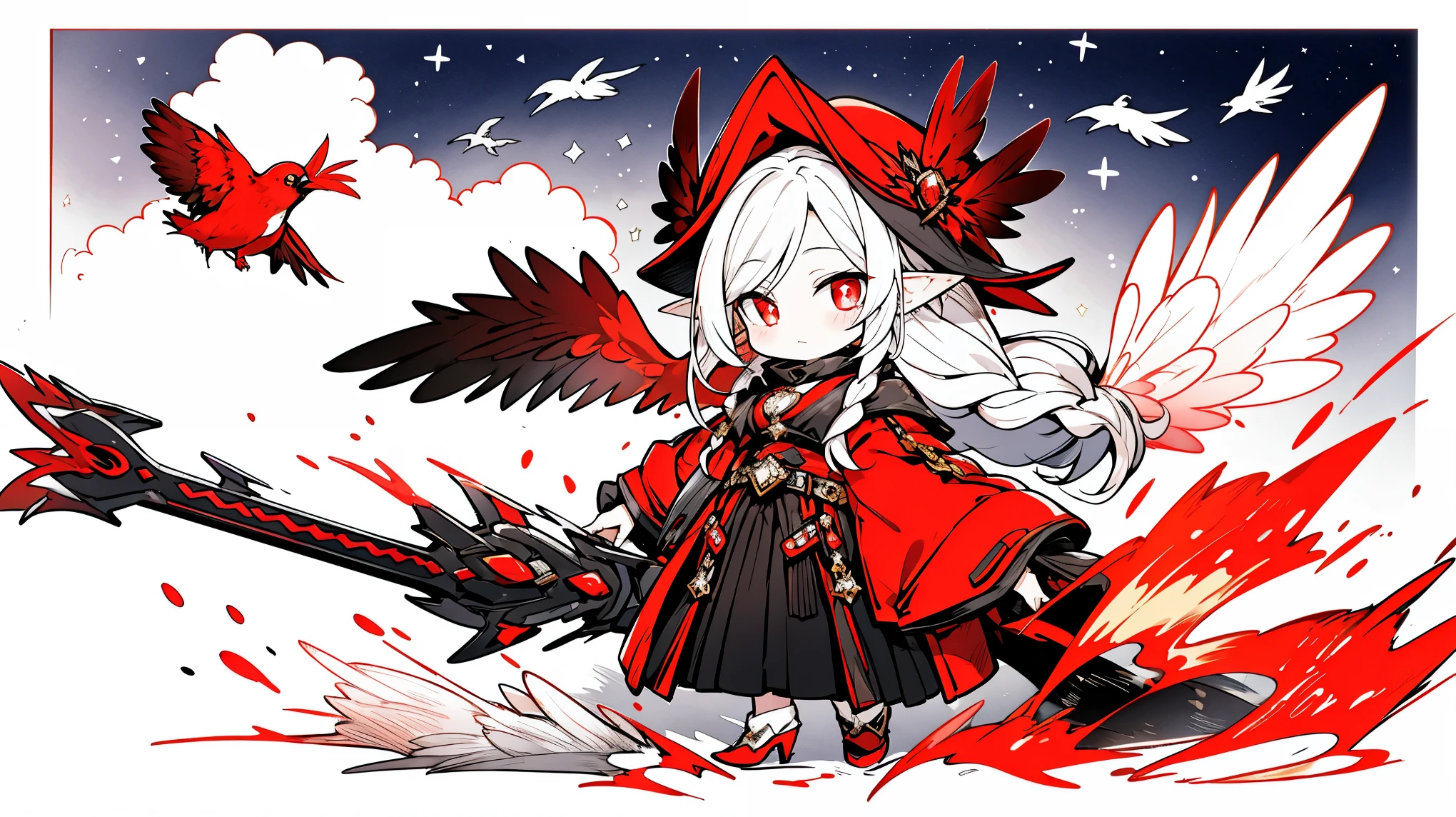 ((masterpiece:1.4,best quality))+,(Ultra-detailed)+,(super detailed eyes)+,(winged ears:1.5),
(cute girls),,(crimson pupils:1.15),dark blonde hair,long braids,Thick hair(Variza:1.2),Pale complexion,giggle,red rhombus crystal,red bird feathers,mute
(She wears a conservative red and yellow feather coat,black pattern,:1.5),(Starry Sky Cloak:1.4)The sleeves are very long,Red bird feather headdress,wings of fire,Baiyun,A sea of red leaves and trees,Dream bubbles,Crow crows,red nails,sun crown
(bird feathers:1.1),
(Dawn light:1.2),
(Thick black and white:1.16),(depth of field:1.4),,intricate details,