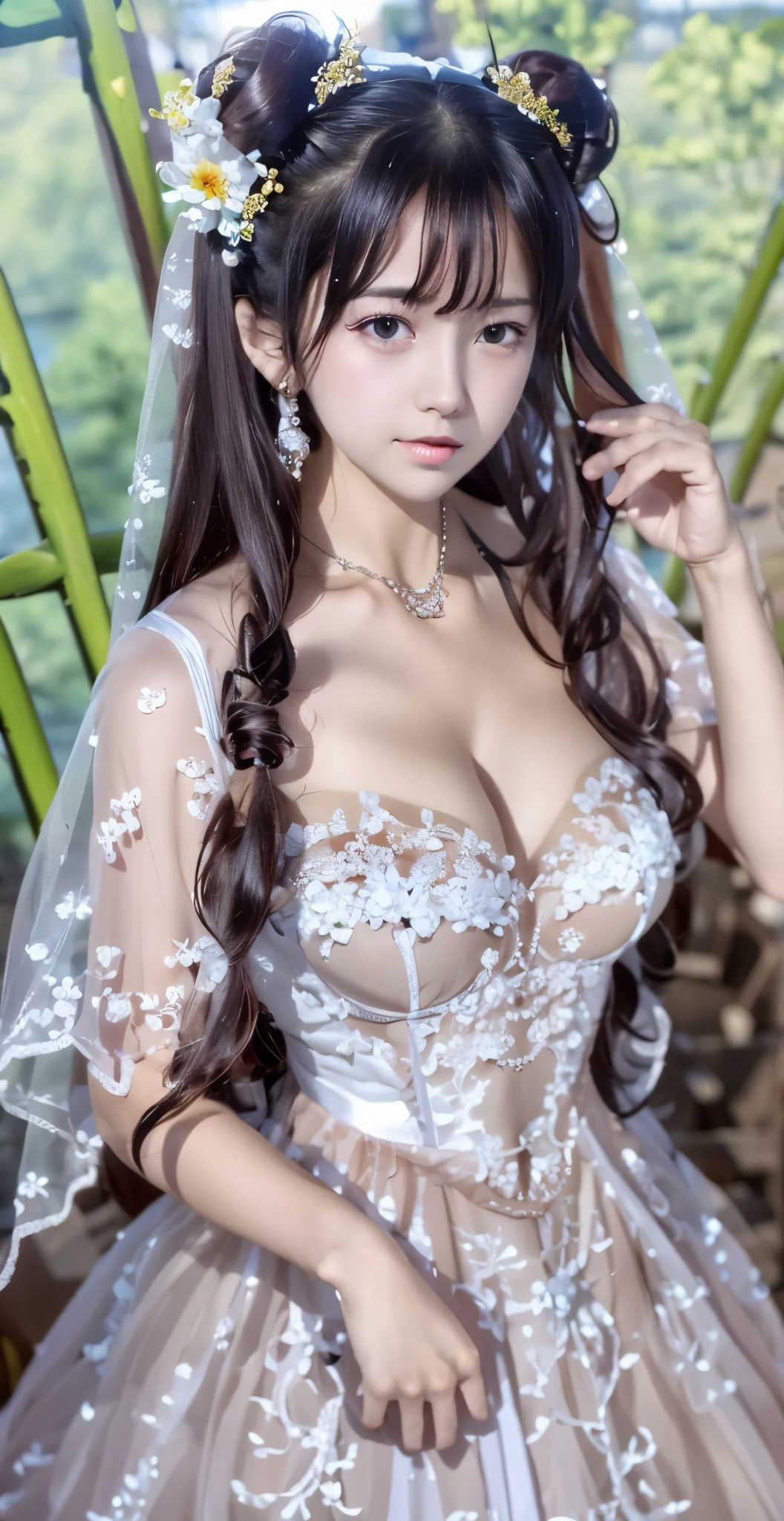 (((Pixel perfect, Perfect details))), alone, 1 girl, yuigahama yui, Close-up of beautiful bride wearing beautiful wedding dress,Gurwitz, (bridal veil:1.5),(transparent short veil:1.5),blush,eye shadow,Blushing face,Head flower,headgear,bouquet,(tube top wedding dress:1.5),(silk dress:1.2),(strapless wedding dress:1.5),pure white dress,necklace,earrings,(large breasts:1.3),Bangs,lipstick,(White long elbow gloves:1.4),whole body照,High-detail RAW color art,White long skirt,whole body,(standing on the railroad tracks:1.3),18 years old, (long twintails:1.5),(double bun:1.5), black hair