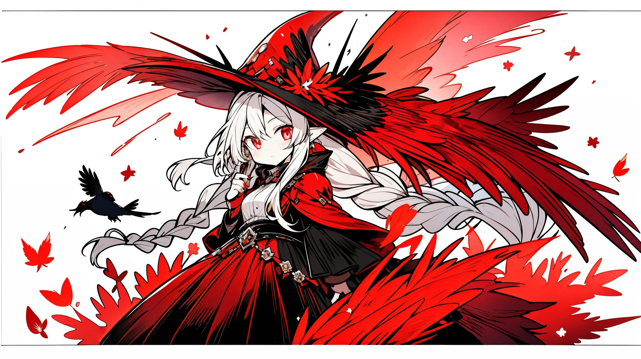 （（masterpiece：1.4，best quality））+，（Ultra-detailed）+，（super detailed eyes）+，（winged ears：1.5），
（cute girls），15 years old，（crimson pupils：1.15），dark blonde hair，long braids，Thick hair（Variza：1.2），Pale complexion，giggle，red rhombus crystal，red bird feathers，mute
（She wears a conservative red and yellow feather coat，black pattern，：1.5），（Starry Sky Cloak：1.4）The sleeves are very long，Red bird feather headdress，wings of fire，Baiyun，A sea of red leaves and trees，Dream bubbles，Crow crows，red nails，sun crown
（bird feathers：1.1），
（Dawn light：1.2），
（Thick black and white：1.16），（depth of field：1.4），，intricate details，