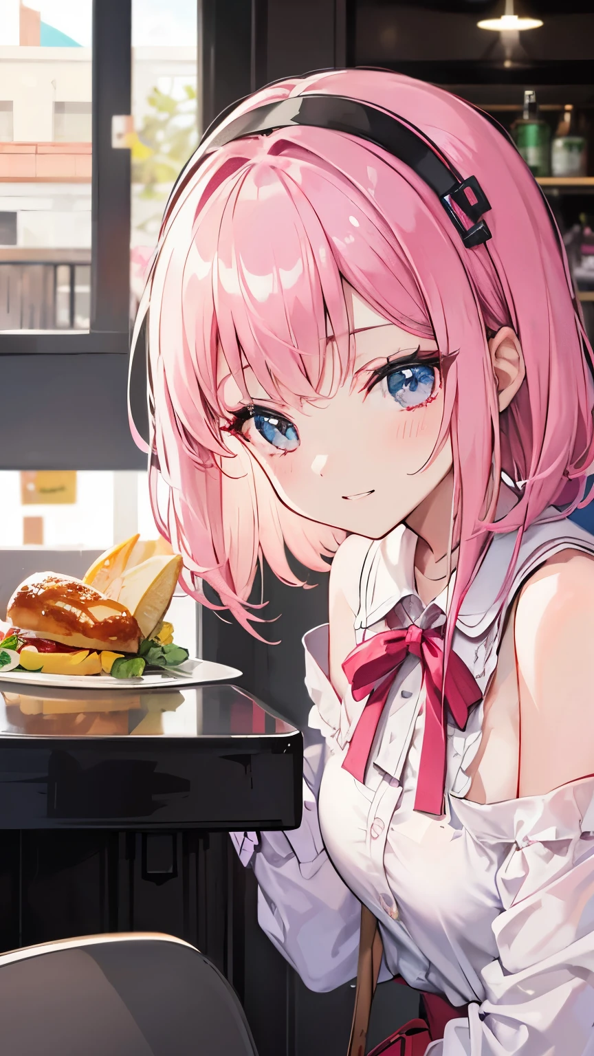 masterpiece, best quality, highres,Very Aesthetic,1girl,Wet pink and white sexy lips,eating banana,blush,bowtie,blonde hair,breasts,long hair,pink hair,pleated skirt,shirt tucked in,short hair,skirt,tented shirt,cafe