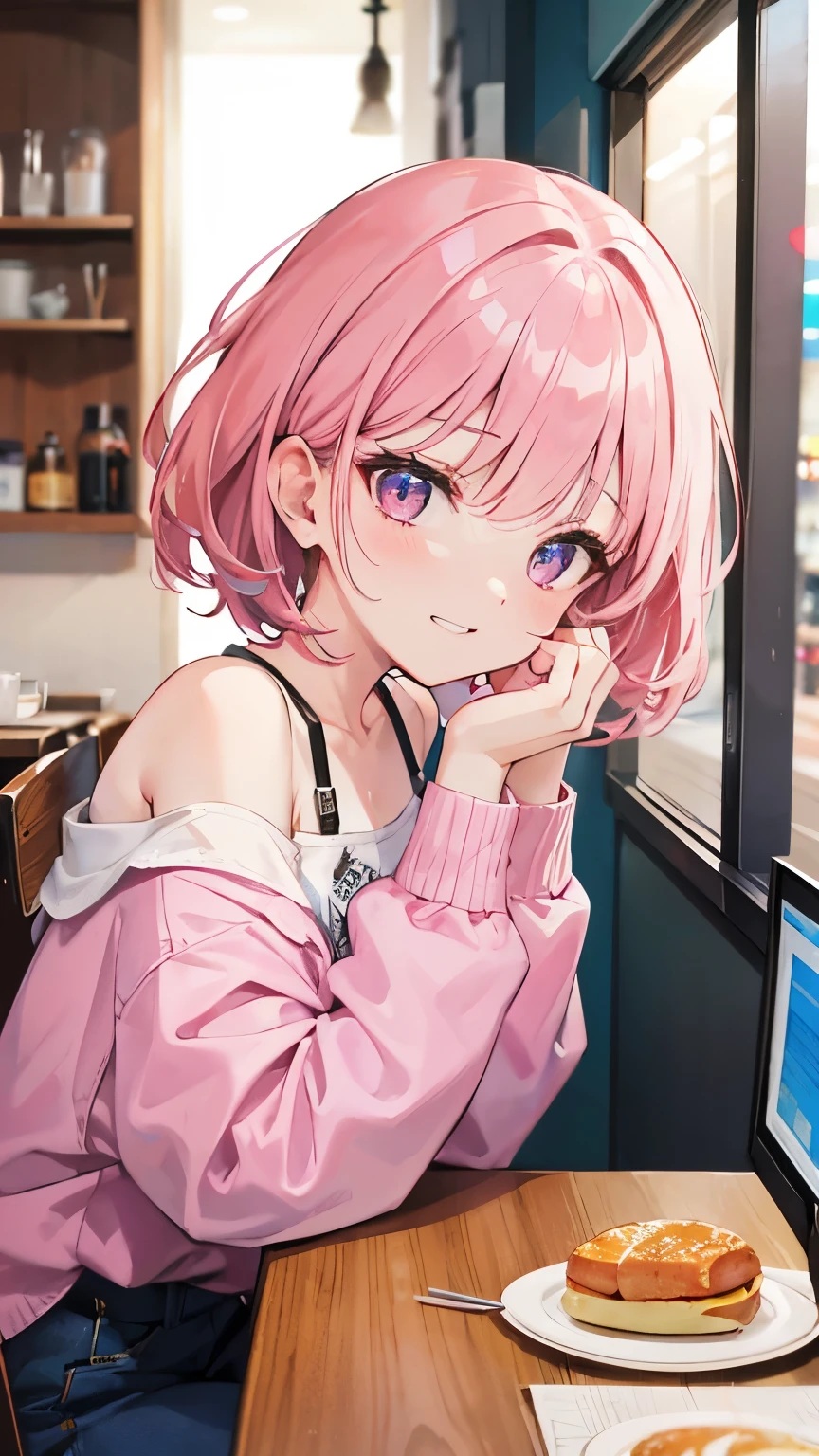 extreme close up face, Short off-shoulder hair in pink and white,Dignified and wonderful Girl, in a cafe, grin