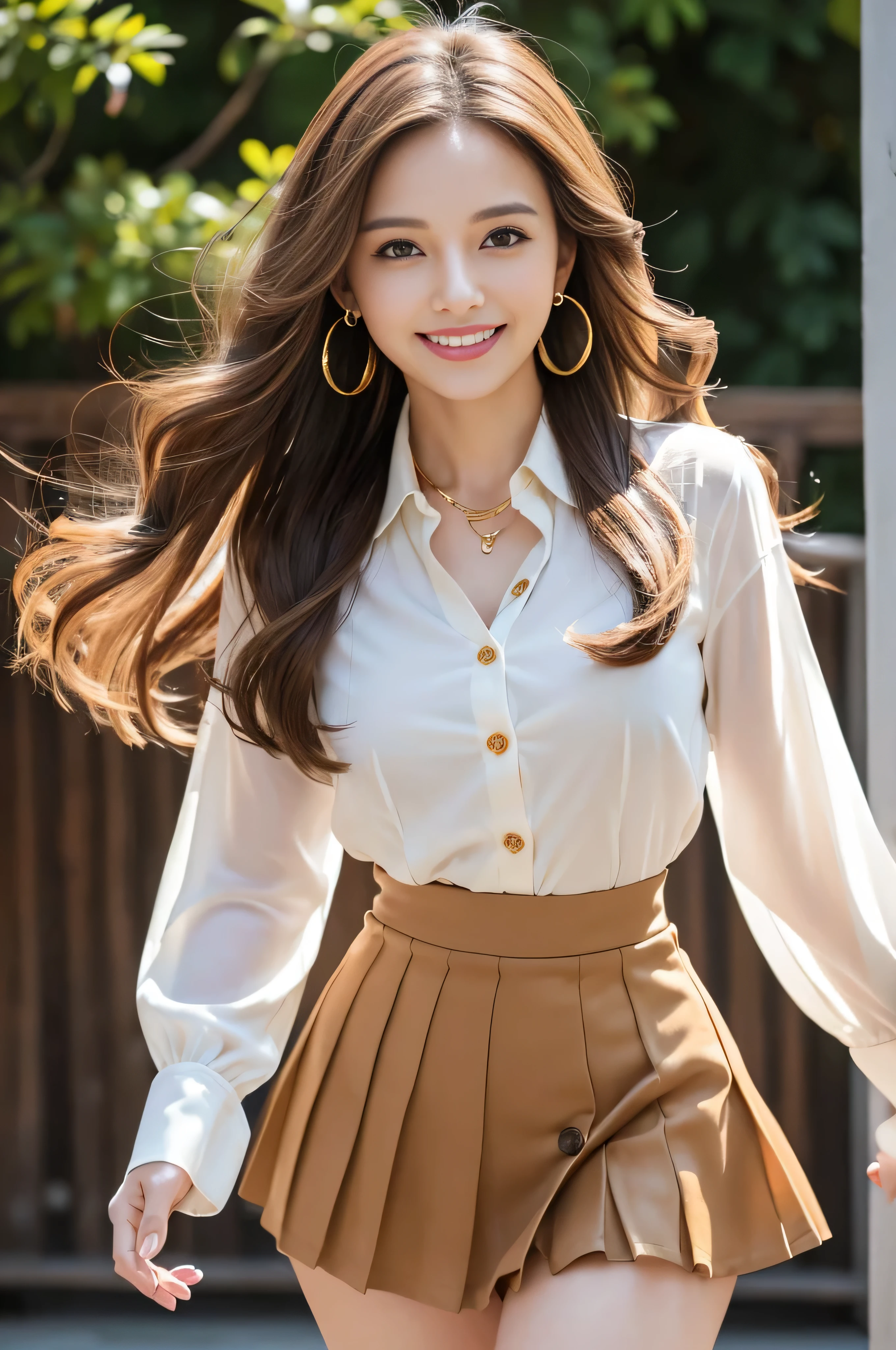 masutepiece, Best Quality, Photorealistic, Ultra-detailed, finely detail, High resolution, 8K Wallpaper, 1 beautiful woman,, light brown messy hair, in a business suit, sharp focus, Perfect dynamic composition, Beautiful detailed eyes, detailed hairs, Detailed realistic skin texture, Smiling, Close-up portrait, Model body type、((Super long brown hair:1.2))、((Hair with loose waves inside:1.2)),((shy smile:1.3)),((gold necklace_Large earrings:1.2)),full body shot、(((full figure supermodel standing, full body shot, entire body in frame))),((white long sleeve button up blouse_with collar_Remove up to the second button_brown pleated mini skirt:1.3)),((With a smile_running towards here_Long hair fluttering:1.3))((full body shot:1.3))、((full body shot:1.3))