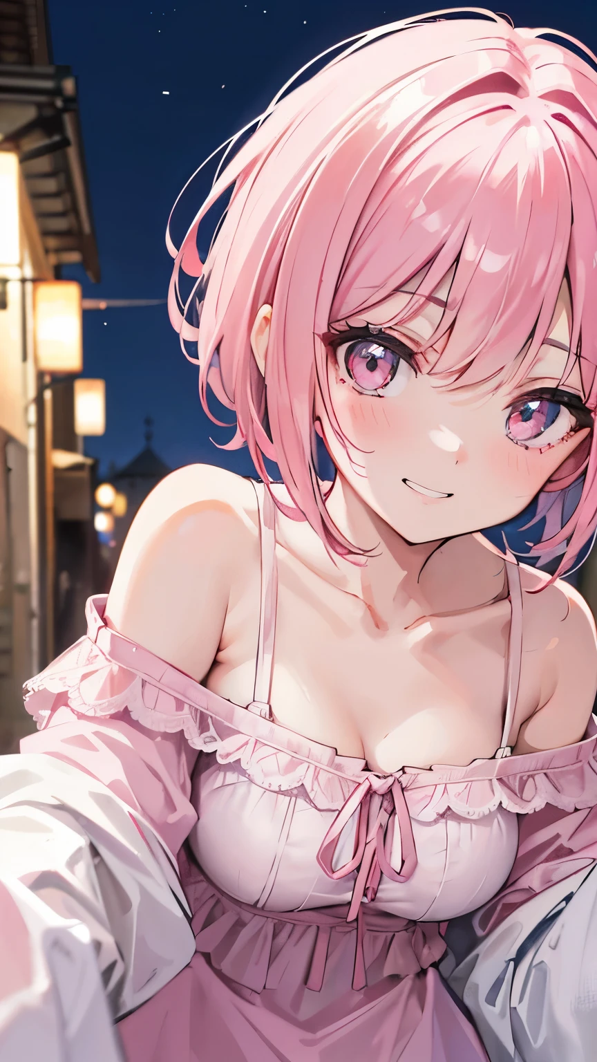 solo, good looking,1. woman,Bob Hair,Pink Hair,Pink eyes,Soft impression,camisole,Highest,skin,,smile,sexy,Sexy,tits,bed,lie down,Night Sky
