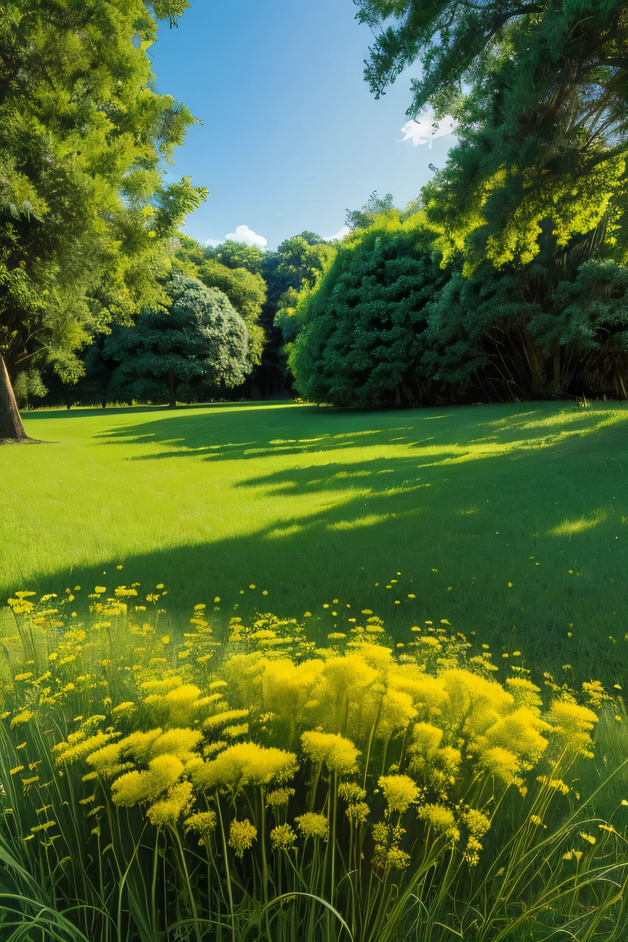 (high-res,ultra-detailed,photorealistic photograph:1.2), vibrant colors, dynamic composition, lush green grass, blooming flowers, tall trees, delicate mimosa flowers, intricate details