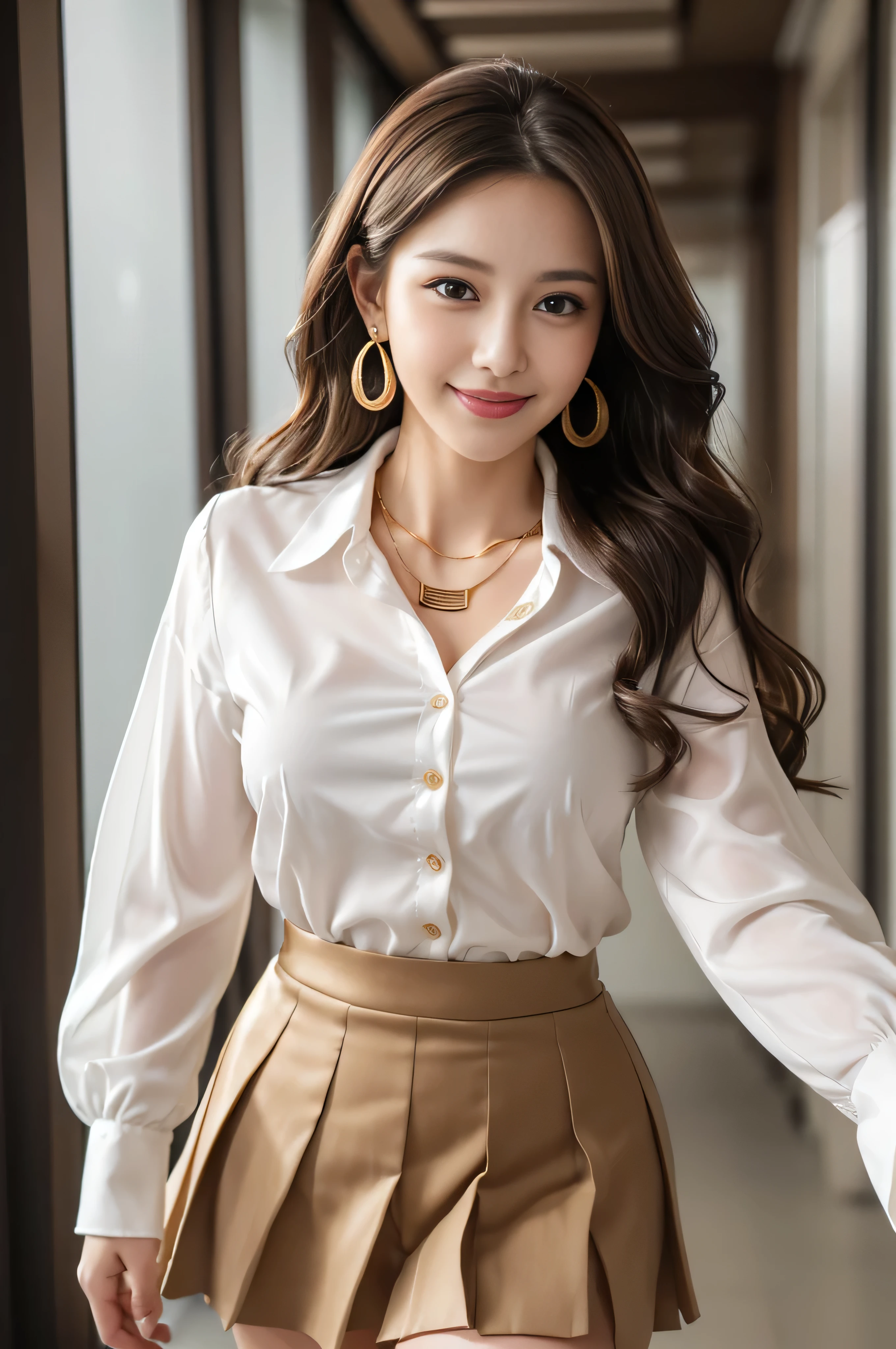 masutepiece, Best Quality, Photorealistic, Ultra-detailed, finely detail, High resolution, 8K Wallpaper, 1 beautiful woman,, light brown messy hair, in a business suit, sharp focus, Perfect dynamic composition, Beautiful detailed eyes, detailed hairs, Detailed realistic skin texture, Smiling, Close-up portrait, Model body type、((Super long brown hair:1.2))、((Hair with loose waves inside:1.2)),((shy smile:1.3)),((gold necklace_Large earrings:1.2)),full body shot、in the office hallway、Coming running up to you、Running with a smile、Let your hair flow、(((full figure supermodel standing, full body shot, entire body in frame))),((white long sleeve button up blouse_with collar_Remove up to the second button_brown pleated mini skirt:1.3)),((With a smile_running towards here_Long hair fluttering:1.4))((full body shot:1.3))、((full body shot:1.3))