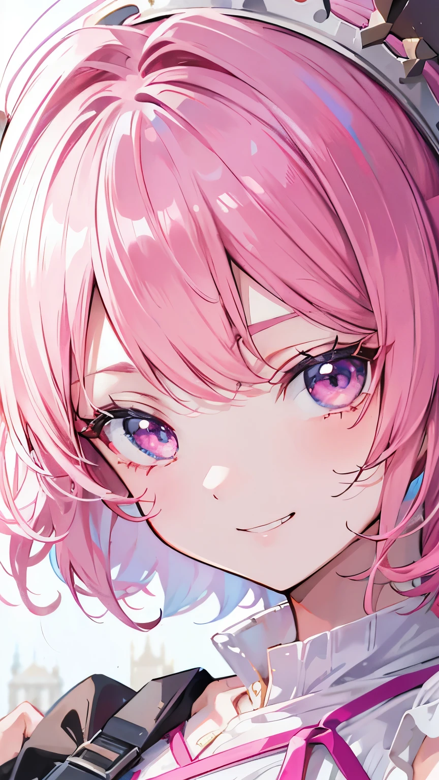 extreme close up face, Short off-shoulder hair in pink and white,Dignified and wonderful Girl, near a clock tower, grin