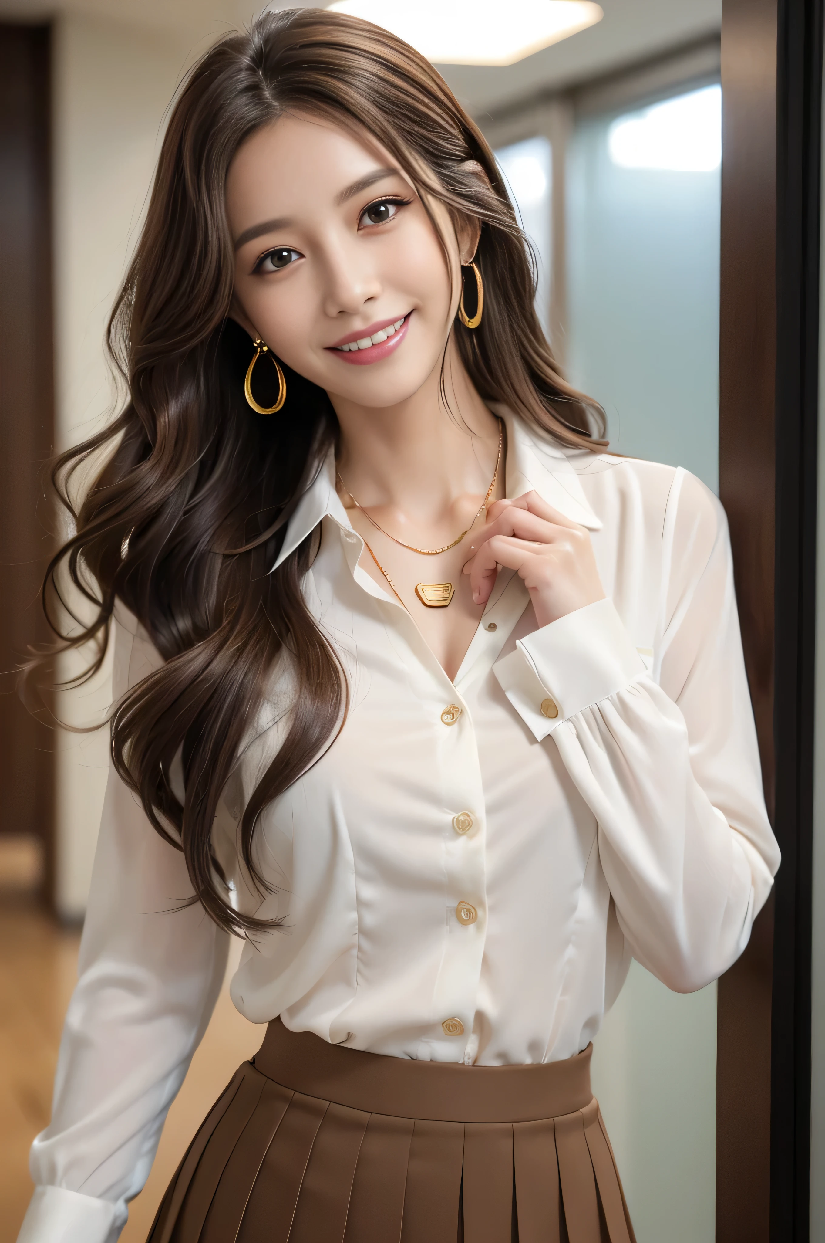 masutepiece, Best Quality, Photorealistic, Ultra-detailed, finely detail, High resolution, 8K Wallpaper, 1 beautiful woman,, light brown messy hair, in a business suit, sharp focus, Perfect dynamic composition, Beautiful detailed eyes, detailed hairs, Detailed realistic skin texture, Smiling, Close-up portrait, Model body type、((Super long brown hair:1.2))、((Hair with loose waves inside:1.2)),((shy smile:1.3)),((gold necklace＿Large earrings:1.2)),full body shot、in the office hallway、Coming running up to you、Running with a smile、Let your hair flow、hug me、arms outstretched、(((full figure supermodel standing, full body shot, entire body in frame))),((white long sleeve button up blouse_with collar_Remove up to the second button＿brown pleated mini skirt:1.3)),((With a smile_running towards here_Long hair fluttering:1.4))((full body shot:1.3))、((full body shot:1.3))