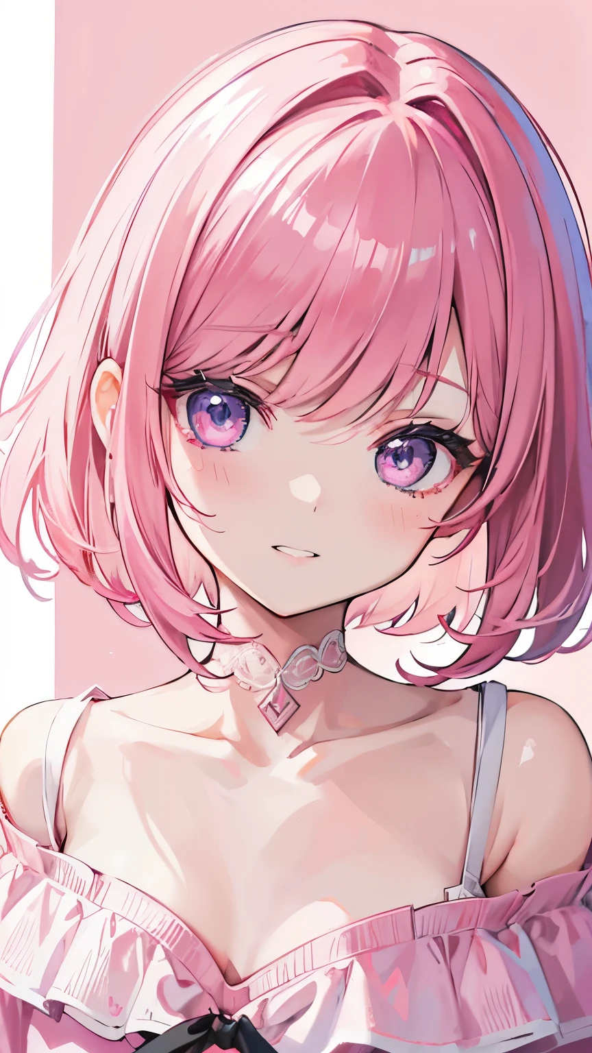 UHD, masterpiece, best quality, extremely detailed, anatomically correct, sharp focus, messy bedroom background, 1girl, solo, camilavtuber, pink hair, short hair, shoulder length hair, purple eyes, facial mark, black head wings, pink shirt, slim arms, small chest, single back wing, plain shirt, pink jacket, half body shot, close up, innocent pose, Eye-Level Shot, front view, innocent pose