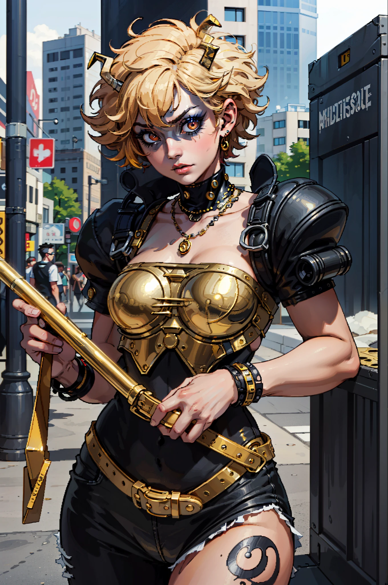 (masterpiece:1.2, best quality), (real picture, intricate details), (1lady, solo, upper body, big ) The clothes are gold ar:avant-garde,avant-garde,Experiment with appearance:curlies,Dramatic makeup,Unconventional fashion choice behavior:rebelliousness、non-conformist、Provocation location:demon eyes,urban art district、Underground music venues Hobbies:Participation in punk shows、creating mixed media art、Try different subcultural values:individuality、Realiy、Creative expression of inspiration:Punk rock music、Counterculture icons,Avant-garde art movement character traits:boldness、boldness、act outside the box。