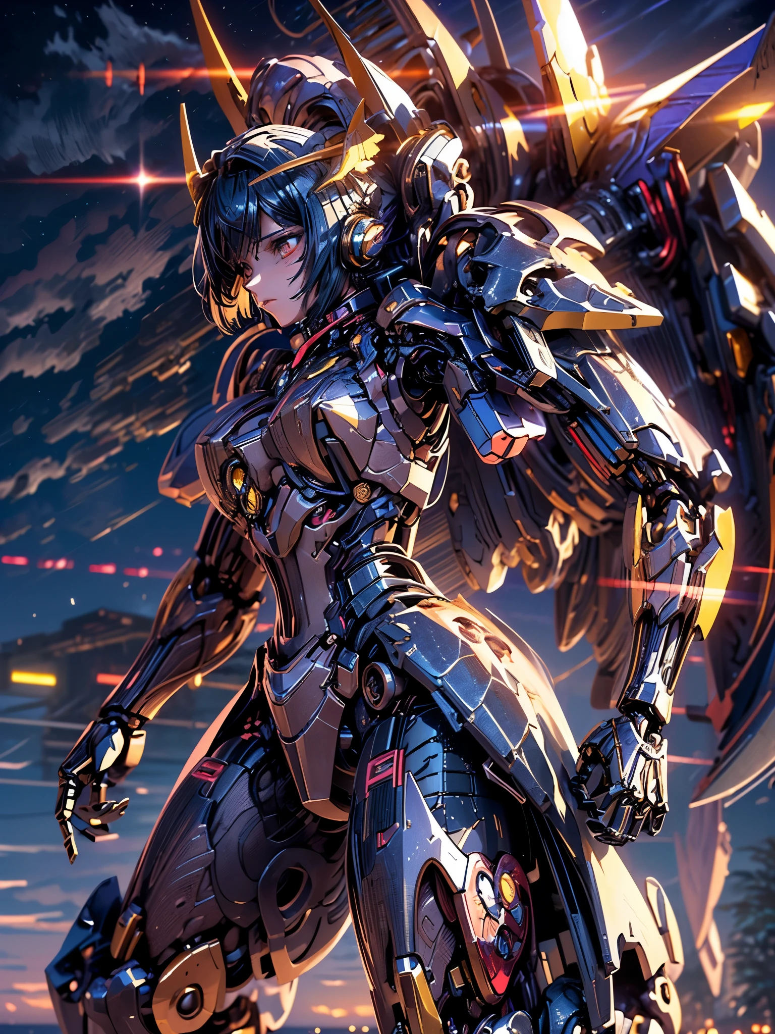 best image quality,excellent details,ultra high resolution,(fidelity:1.4),best illustrations,focus on details,daughter,Mecha wing,((The early morning sky is wide、The sea is around:1.5)),beauty of android、black medium bob、24-years-old、Neat and detailed facial features、beautiful girl、Full mechanical armor based on gold、(Realistic mechanical parts:1.3)(Bare skin of chest and thighs exposed:1.3)banshee、gold coloring、backpack unit(inorganic mechanical wing:1.4)Cyberpunk characters,(model pose:1.3)volume light、