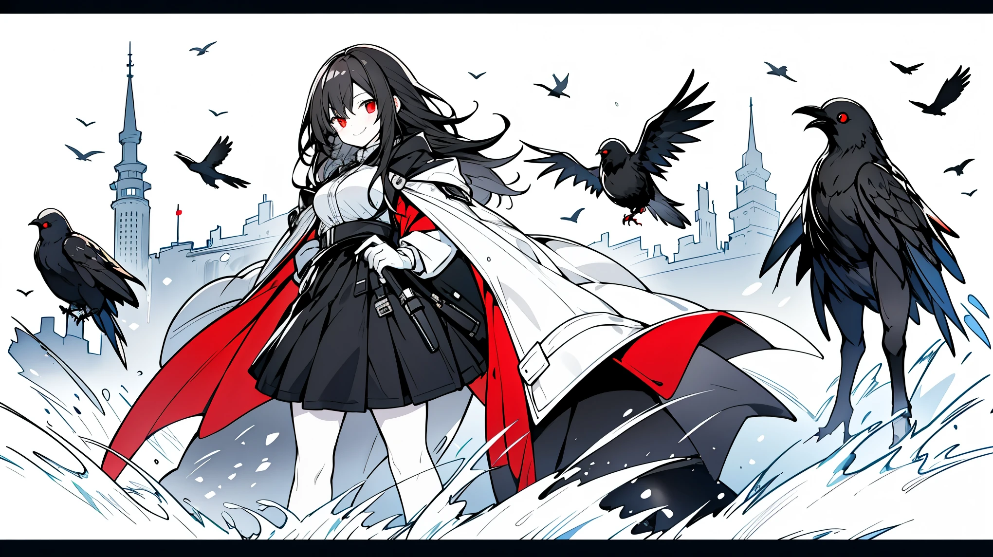 ((masterpiece:1.4,best quality))+,(Ultra-detailed)+,(super detailed eyes)+,(White腿環:1.5),black crow
(cute girl),15 years old,(red eyes:1.15),black hair,long black hair,(Variza:1.2),pale skin,cold,Smile,一個誘人的Smile
(She wears a gray hooded trench coat,There's fluff on it:1.5),(black long skirt:1.4),white shirt white,White gloves,little Red Riding Hood,thin legs,white dove
(flocks of crows:1.1),
(Dawn light:1.2),White,
(Thick black and white:1.16),(depth of field:1.4),