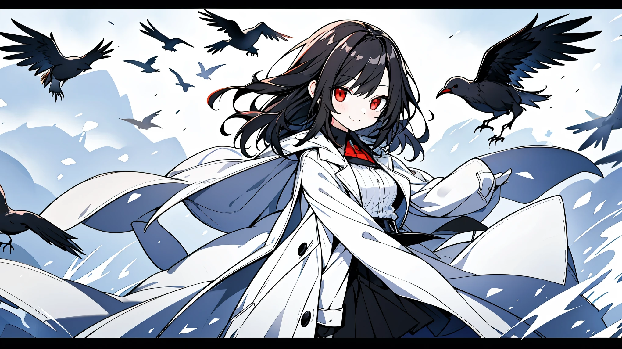 ((masterpiece:1.4,best quality))+,(Ultra-detailed)+,(super detailed eyes)+,(White腿環:1.5),black crow
(cute girl),15 years old,(red eyes:1.15),black hair,long black hair,(Variza:1.2),pale skin,cold,Smile,一個誘人的Smile
(She wears a gray hooded trench coat,There's fluff on it:1.5),(black long skirt:1.4),white shirt white,White gloves,little Red Riding Hood,thin legs,white dove
(flocks of crows:1.1),
(Dawn light:1.2),White,
(Thick black and white:1.16),(depth of field:1.4),