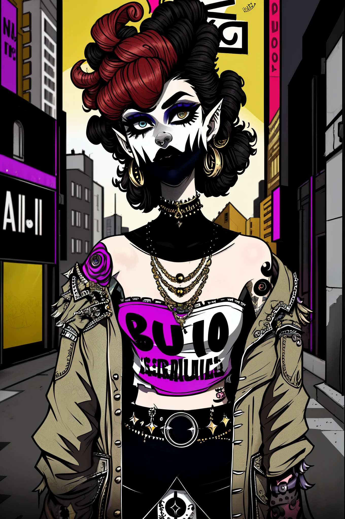 (masterpiece:1.2, best quality), (real picture, intricate details), (1lady, solo, upper body, big ) The clothes are gold ar：avant-garde，avant-garde，Experiment with appearance：curlies，Dramatic makeup，Unconventional fashion choice behavior：rebelliousness、non-conformist、Provocation location：demon eyes,urban art district、Underground music venues Hobbies：Participation in punk shows、creating mixed media art、Try different subcultural values：individuality、Realiy、Creative expression of inspiration：Punk rock music、Counterculture icons，Avant-garde art movement character traits：boldness、boldness、act outside the box。
