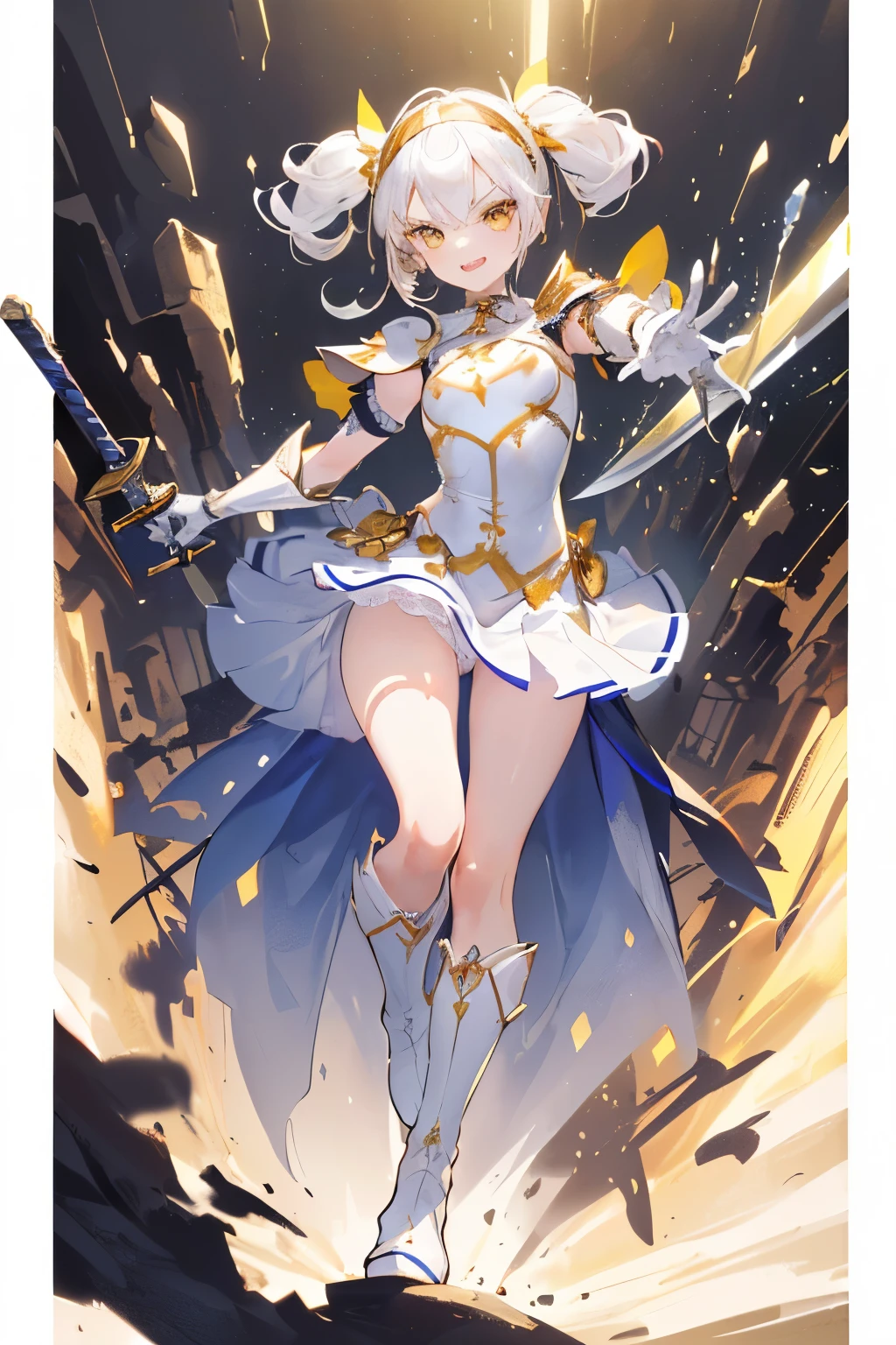 (((((1girl))))), ((best quality)), ((masterpiece)), ((ultra-detailed)), (illustration), (detailed light), (an extremely delicate and beautiful), (beautiful detailed eyes), (sunlight), ((extremely light)), ((extremely clothes)), (((hyper detail))),(((((front lighting))))),(((((front light))))),
((((quite adorable white Armor with a brief skirt and headband)))),
(((Novice Knight))),
(((high twin pig tails))), ((((white sliver hair)))),
(((yellow gold eyes))),
((((whole body)))), aged 5 to 8, ((((very adorable young girl)))), ((condescending expression)), ((mischievous smile with sexual satisfaction)), (((extra adorable))), (((((extra slender shape))))), (((((extremely beautiful detailed face))))),
(((dynamically attacking enemies with a western-sword))),
(((elegant magic boots))), (Dutch angle), (((elegant magic gloves))), ((transparent magical underskirt)), (a little bit exposed adorable magical panties)