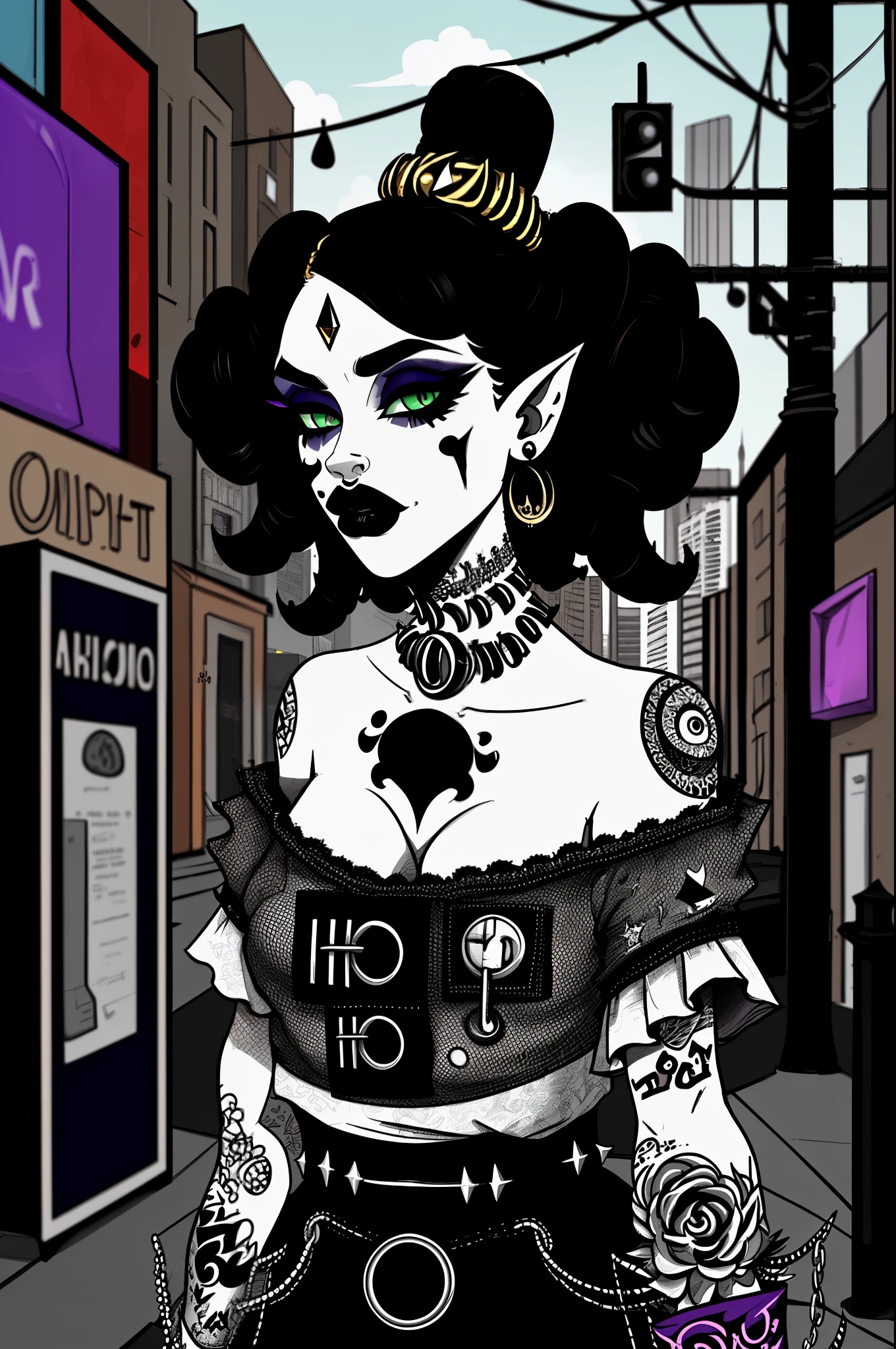 (masterpiece:1.2, best quality), (real picture, intricate details), (1lady, solo, upper body, big ) The clothes are gold ar:avant-garde,avant-garde,Experiment with appearance:curlies,Dramatic makeup,Unconventional fashion choice behavior:rebelliousness、non-conformist、Provocation location:demon eyes,urban art district、Underground music venues Hobbies:Participation in punk shows、creating mixed media art、Try different subcultural values:individuality、Realiy、Creative expression of inspiration:Punk rock music、Counterculture icons,Avant-garde art movement character traits:boldness、boldness、act outside the box。