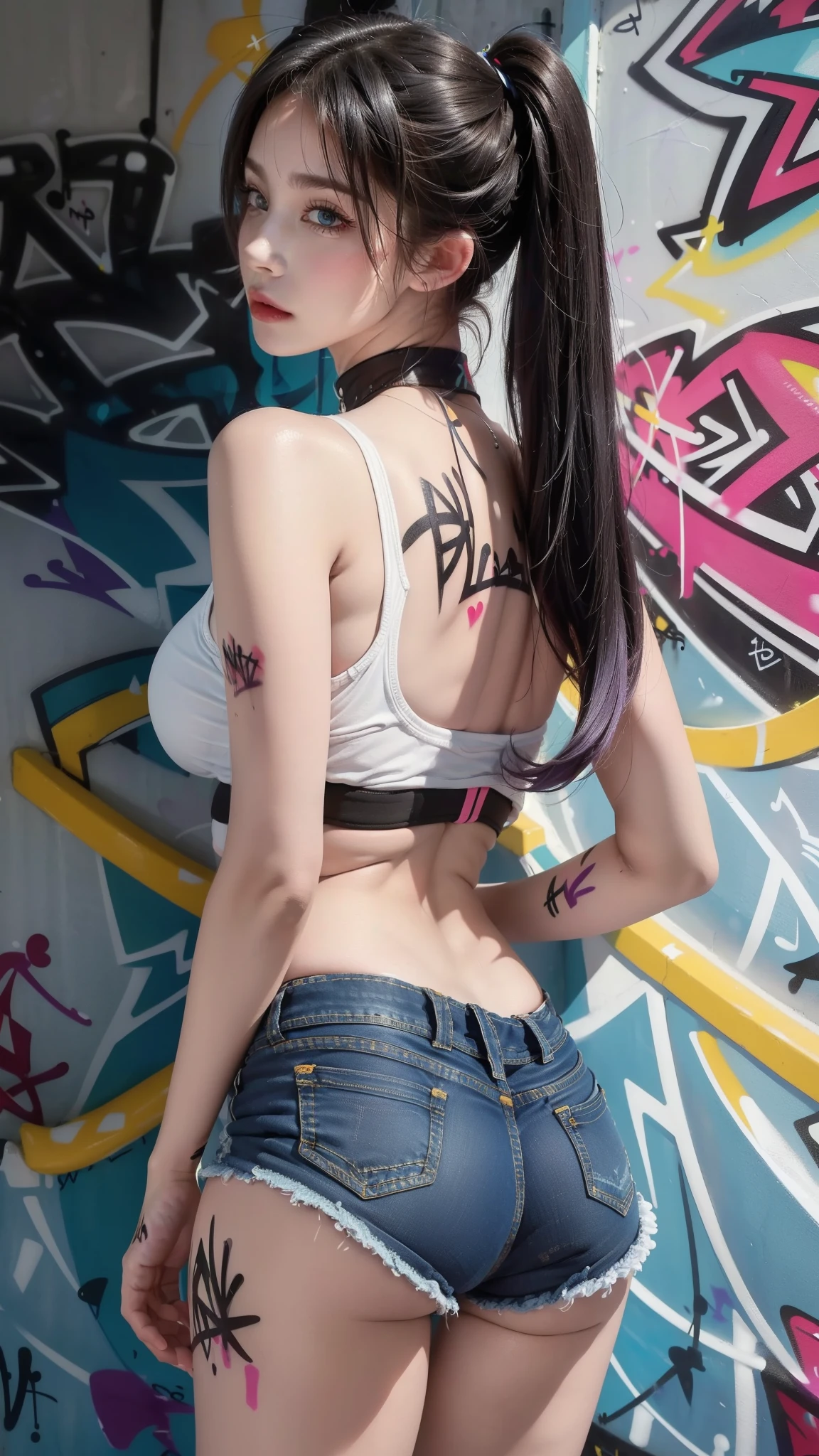 masterpiece, best quality, 1 girl, alone, crop top, Denim shorts, collar, (Graffiti:1.5), paint splatter, Put your arms behind your back, against the wall, looking at the audience, armband, thigh strap, Apply to body, head tilt, boring, colorful hair, aqua eyes, earphone,