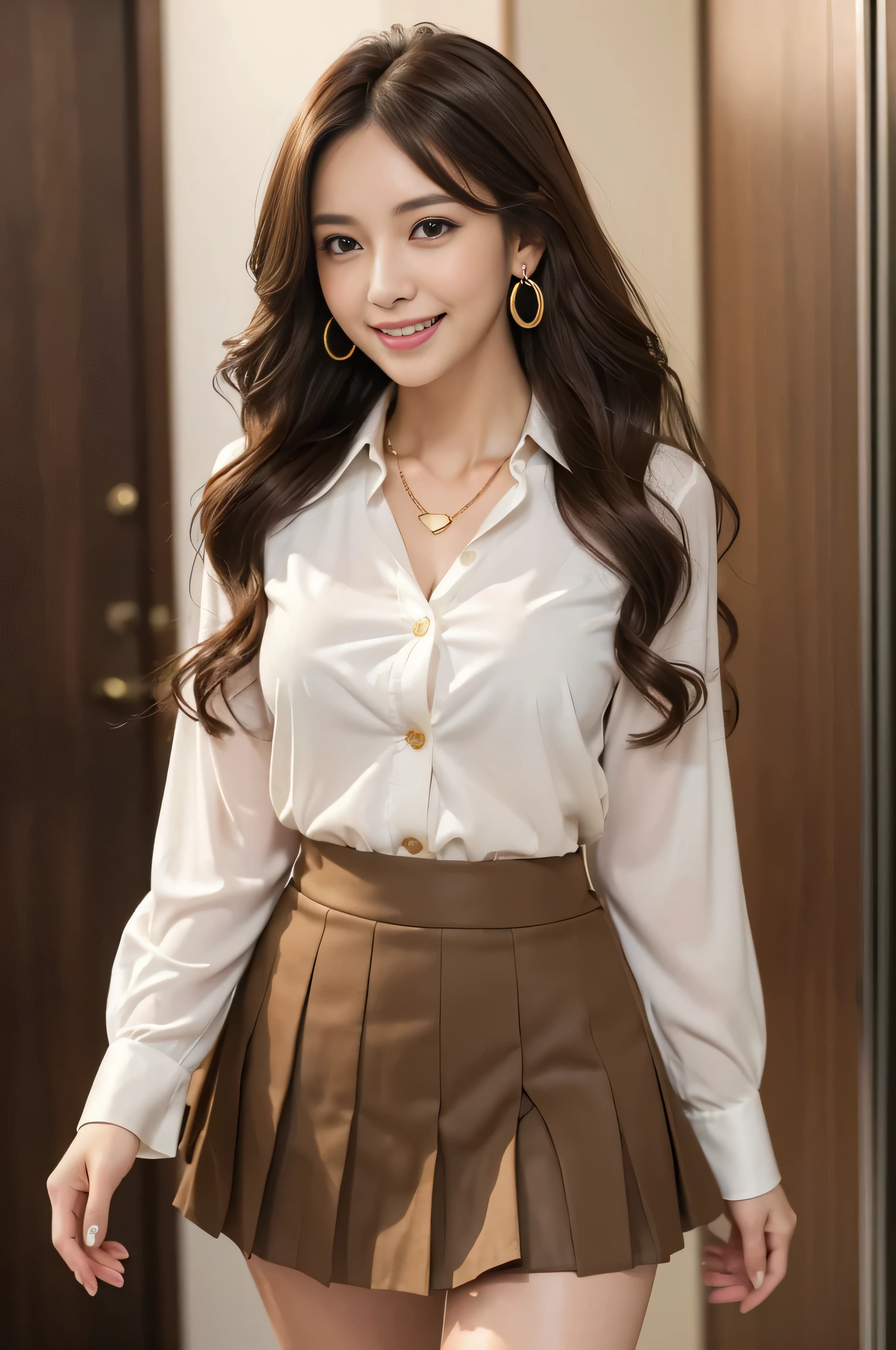 masutepiece, Best Quality, Photorealistic, Ultra-detailed, finely detail, High resolution, 8K Wallpaper, 1 beautiful woman,, light brown messy hair, in a business suit, sharp focus, Perfect dynamic composition, Beautiful detailed eyes, detailed hairs, Detailed realistic skin texture, Smiling, Close-up portrait, Model body type、((Super long brown hair:1.2))、((Hair with loose waves inside:1.2)),((shy smile:1.3)),((gold necklace_Large earrings:1.2)),full body shot、in the office hallway、Coming running up to you、Running with a smile、Let your hair flow、hug me、arms outstretched、(((full figure supermodel standing, full body shot, entire body in frame))),((white long sleeve button up blouse_with collar_Remove up to the second button_brown pleated mini skirt:1.3)),((With a smile_running towards here_Long hair fluttering:1.4))((full body shot:1.3))、((full body shot:1.3))