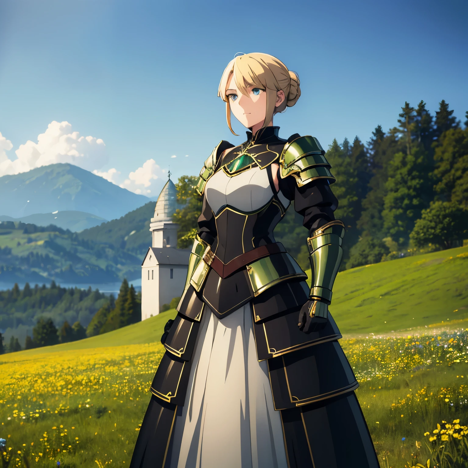 German,cool,a woman,medium Blonde,Chignon hair,hair intakes,emerald eyes.tsurime,1600s,Portrait of a woman covered in full body armor in a meadow