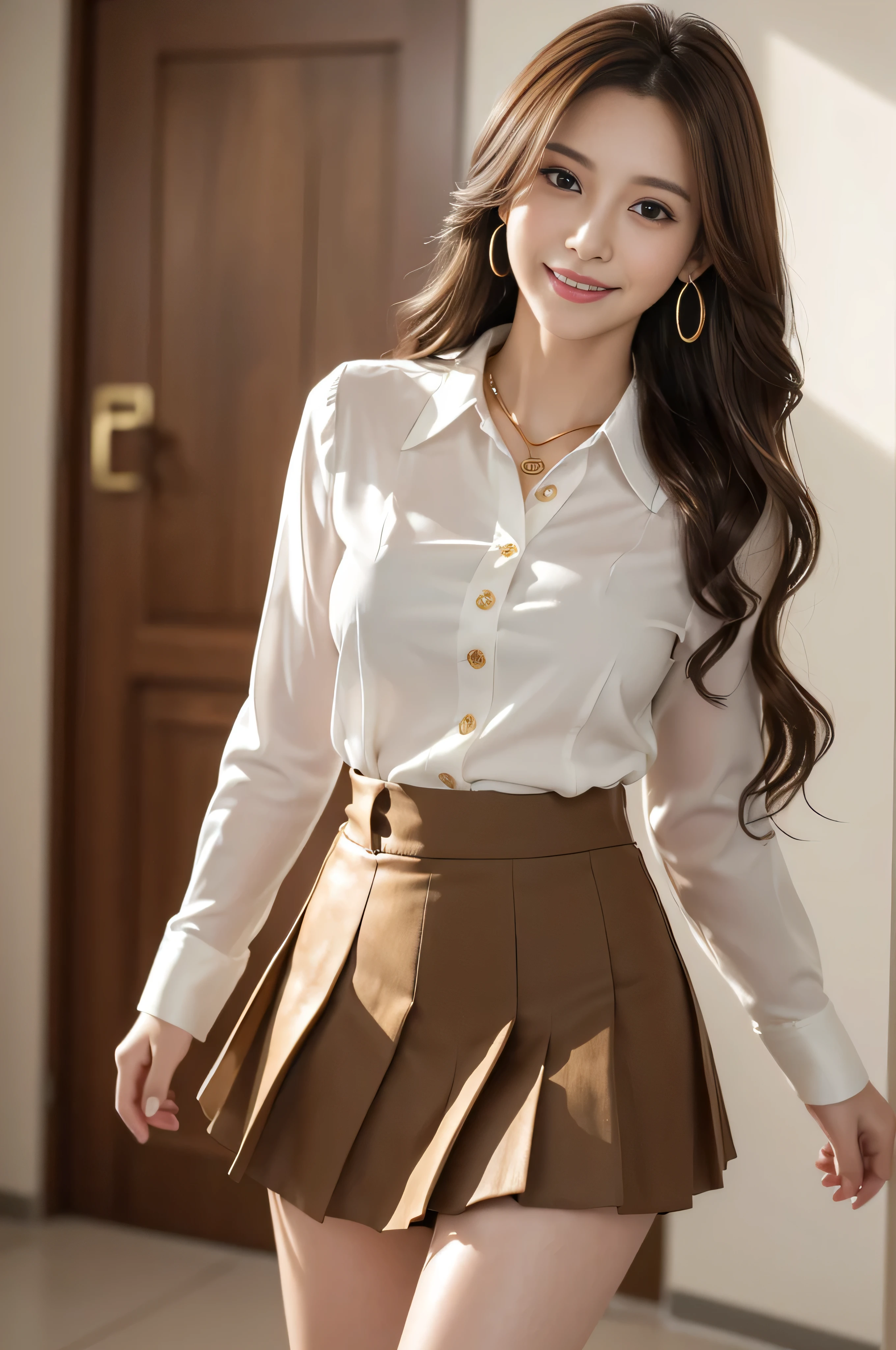 masutepiece, Best Quality, Photorealistic, Ultra-detailed, finely detail, High resolution, 8K Wallpaper, 1 beautiful woman,, light brown messy hair, in a business suit, sharp focus, Perfect dynamic composition, Beautiful detailed eyes, detailed hairs, Detailed realistic skin texture, Smiling, Close-up portrait, Model body type、((Super long brown hair:1.2))、((Hair with loose waves inside:1.2)),((shy smile:1.3)),((gold necklace_Large earrings:1.2)),full body shot、in the office hallway、Coming running up to you、Running with a smile、Let your hair flow、hug me、arms outstretched、(((full figure supermodel standing, full body shot, entire body in frame))),((white long sleeve button up blouse_with collar_Remove up to the second button_brown pleated mini skirt:1.3)),((With a smile_running towards here_Long hair fluttering:1.4))((full body shot:1.3))、((full body shot:1.3))