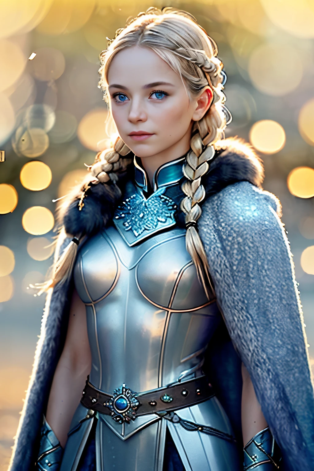 A fiercely proud Nordic girl stands, her presence exuding unwavering strength. Her blonde braids cascade down her back, framing a face marked by determination and resilience. This stunning portrait captures her piercing blue eyes, reflecting the icy landscapes of her homeland. The intricate details of her embroidered Viking armor and fur-lined cloak speak of her warrior spirit. This high-quality painting seamlessly combines power and grace, drawing the viewer into the captivating story of a fierce Nordic warrior princess. playful body manipulations, divine proportion, non-douche smile, gaze into the camera, holographic shimmer, whimsical lighting, enchanted ambiance, soft textures, imaginative artwork, ethereal glow, silent Luminescence, whispering Silent, iridescent Encounter, vibrant background, by Skyrn99, full body, (((rule of thirds))), high quality, high detail, high resolution, (bokeh:2), backlight, long exposure:2