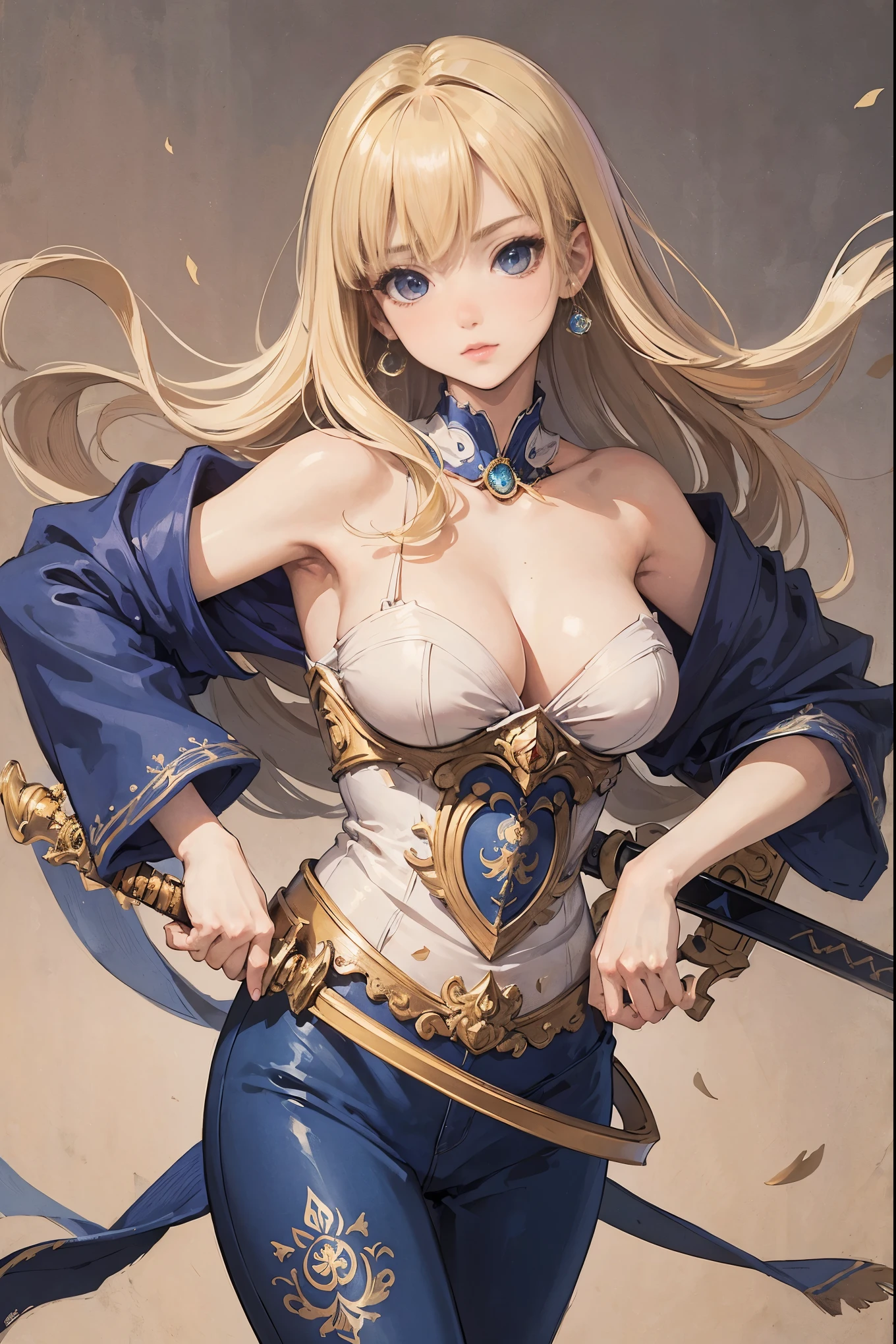 ((highest quality)), ((masterpiece)), (be familiar with), perfect face, (masterpiece:1.2,Super high quality 1.2,european girl),alone,25 years old,beautiful face,Very slender body,Big breasts,blonde,hair above one eye,(medium side cut, blonde hair,),sharp focus,business suit,Ultramarine mandala background,beautiful fingers,beautiful hands,beautiful arms,Sword holding
