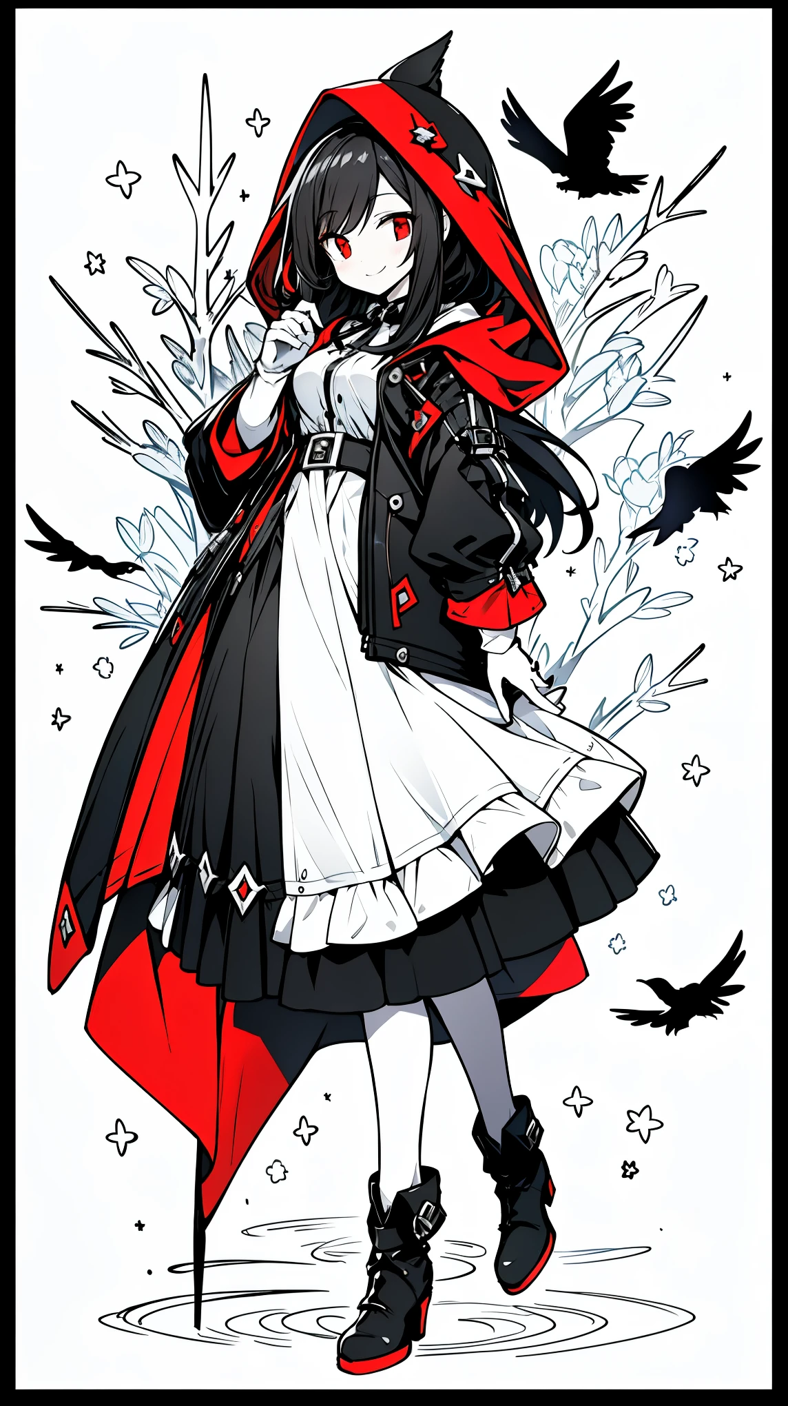 （（masterpiece：1.4，best quality））+，（Ultra-detailed）+，（super detailed eyes）+，（White腿環：1.5），black crow
（cute girl），15 years old，（red eyes：1.15），black hair，long black hair，（Variza：1.2），pale skin，cold，Smile，一個誘人的Smile
（She wears a gray hooded trench coat，There&#39;s fluff on it：1.5），（black long skirt：1.4），white shirt white，White gloves，little Red Riding Hood，thin legs，white dove
（flocks of crows：1.1），
（Dawn light：1.2），White，
（Thick black and white：1.16），（depth of field：1.4），
