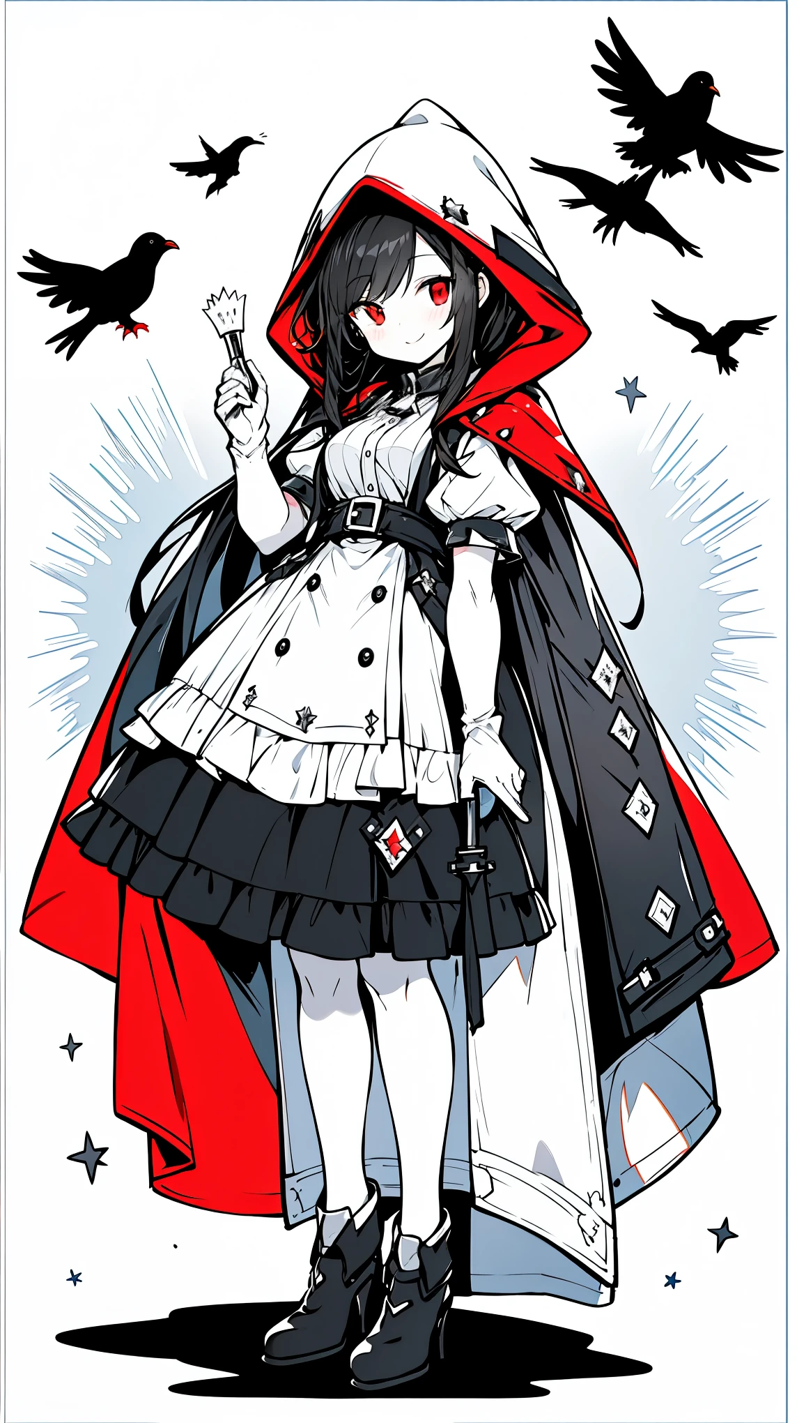 ((masterpiece:1.4,best quality))+,(Ultra-detailed)+,(super detailed eyes)+,(White腿環:1.5),black crow
(cute girl),,(red eyes:1.15),black hair,long black hair,(Variza:1.2),pale skin,cold,Smile,一個誘人的Smile
(She wears a gray hooded trench coat,There's fluff on it:1.5),(black long skirt:1.4),white shirt white,White gloves,little Red Riding Hood,thin legs,white dove
(flocks of crows:1.1),
(Dawn light:1.2),White,
(Thick black and white:1.16),(depth of field:1.4),
