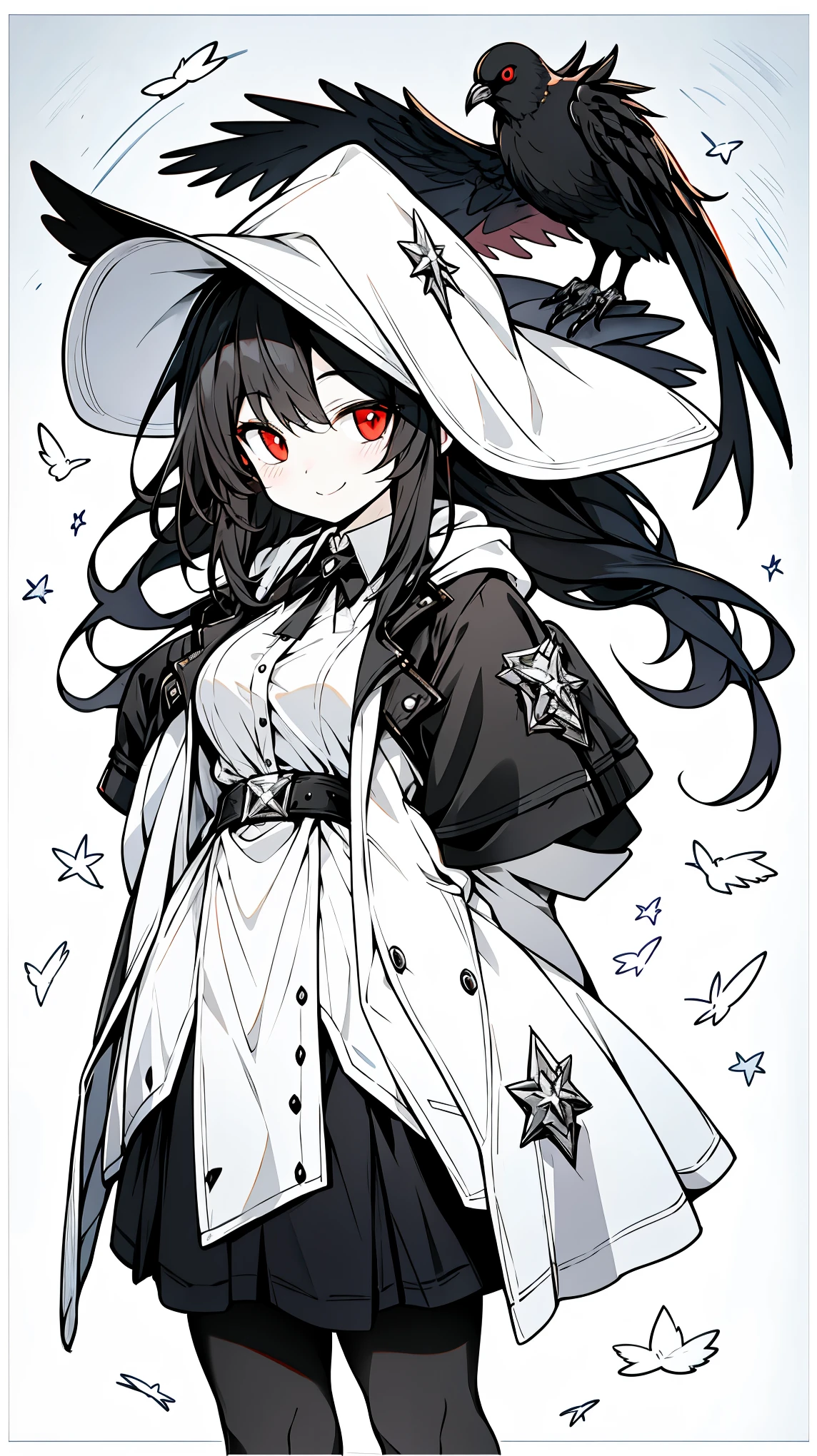 ((masterpiece:1.4,best quality))+,(Ultra-detailed)+,(super detailed eyes)+,(White腿環:1.5),black crow
(cute girl),,(red eyes:1.15),black hair,long black hair,(Variza:1.2),pale skin,cold,Smile,一個誘人的Smile
(She wears a gray hooded trench coat,There's fluff on it:1.5),(black long skirt:1.4),white shirt white,White gloves,little Red Riding Hood,thin legs,white dove
(flocks of crows:1.1),
(Dawn light:1.2),White,
(Thick black and white:1.16),(depth of field:1.4),