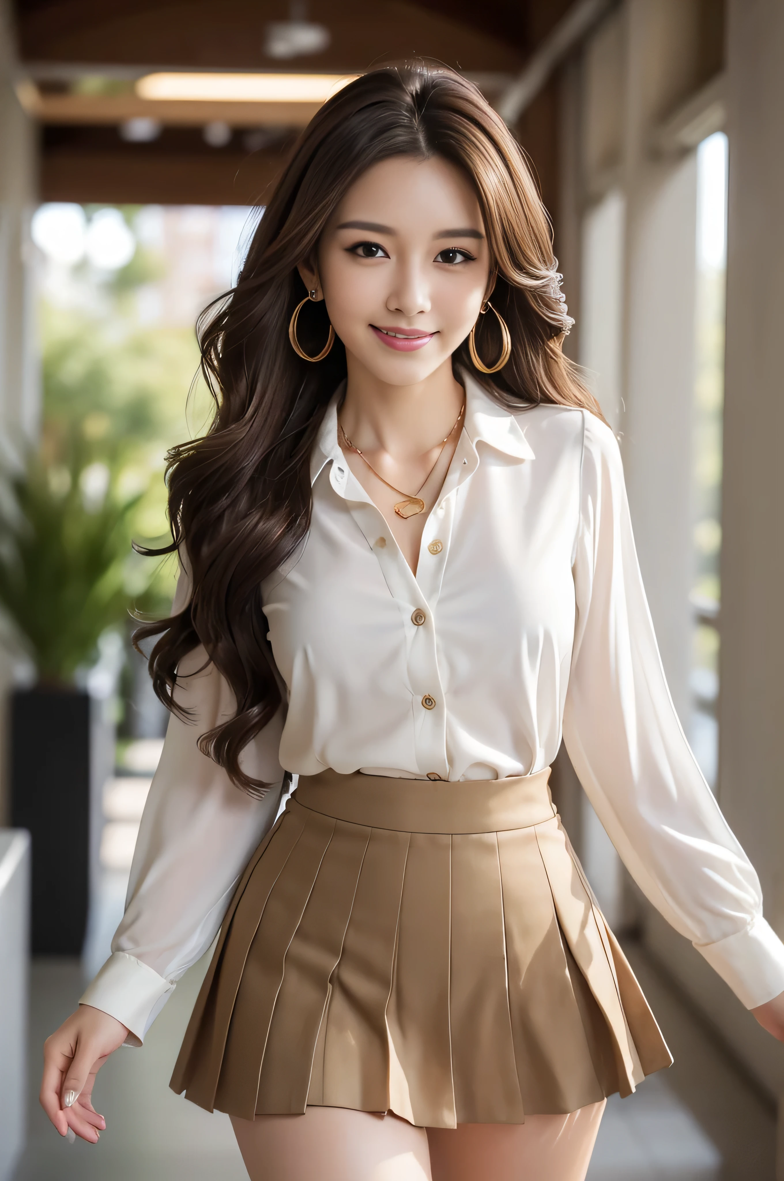 masutepiece, Best Quality, Photorealistic, Ultra-detailed, finely detail, High resolution, 8K Wallpaper, 1 beautiful woman,, light brown messy hair, in a business suit, sharp focus, Perfect dynamic composition, Beautiful detailed eyes, detailed hairs, Detailed realistic skin texture, Smiling, Close-up portrait, Model body type、((Super long brown hair:1.2))、((Hair with loose waves inside:1.2)),((shy smile:1.3)),((gold necklace_Large earrings:1.2)),full body shot、in the office hallway、Coming running up to you、Running with a smile、Let your hair flow、(((full figure supermodel standing, full body shot, entire body in frame))),((white long sleeve button up blouse_with collar_Remove up to the second button_brown pleated mini skirt:1.3)),((With a smile_running towards here_Long hair fluttering:1.4))((full body shot:1.3))、((full body shot:1.3))