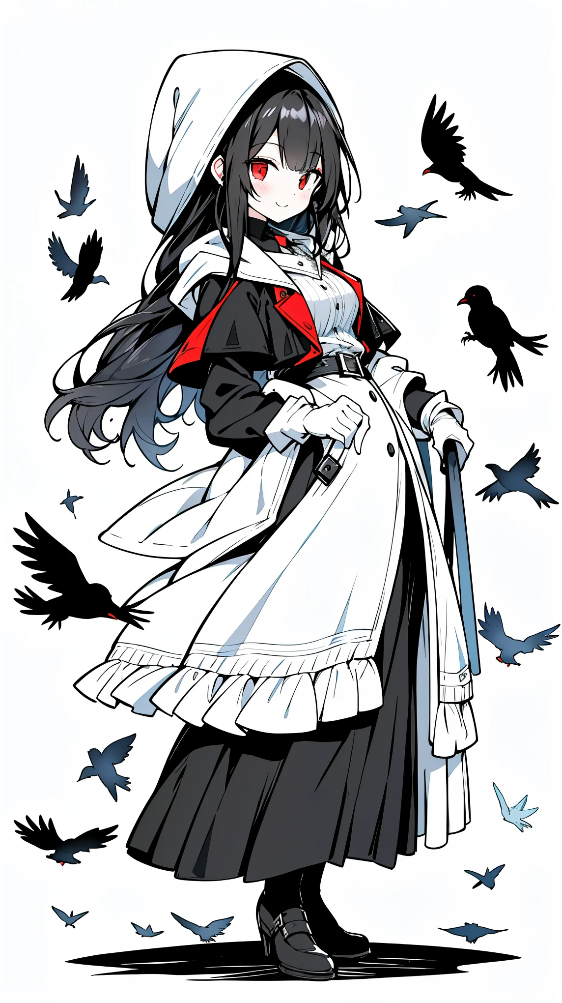 （（masterpiece：1.4，best quality））+，（Ultra-detailed）+，（super detailed eyes）+，（White腿環：1.5），black crow
（cute girl），15 years old，（red eyes：1.15），black hair，long black hair，（Variza：1.2），pale skin，cold，Smile，一個誘人的Smile
（She wears a gray hooded trench coat，There&#39;s fluff on it：1.5），（black long skirt：1.4），white shirt white，White gloves，little Red Riding Hood，thin legs，white dove
（flocks of crows：1.1），
（Dawn light：1.2），White，
（Thick black and white：1.16），（depth of field：1.4），