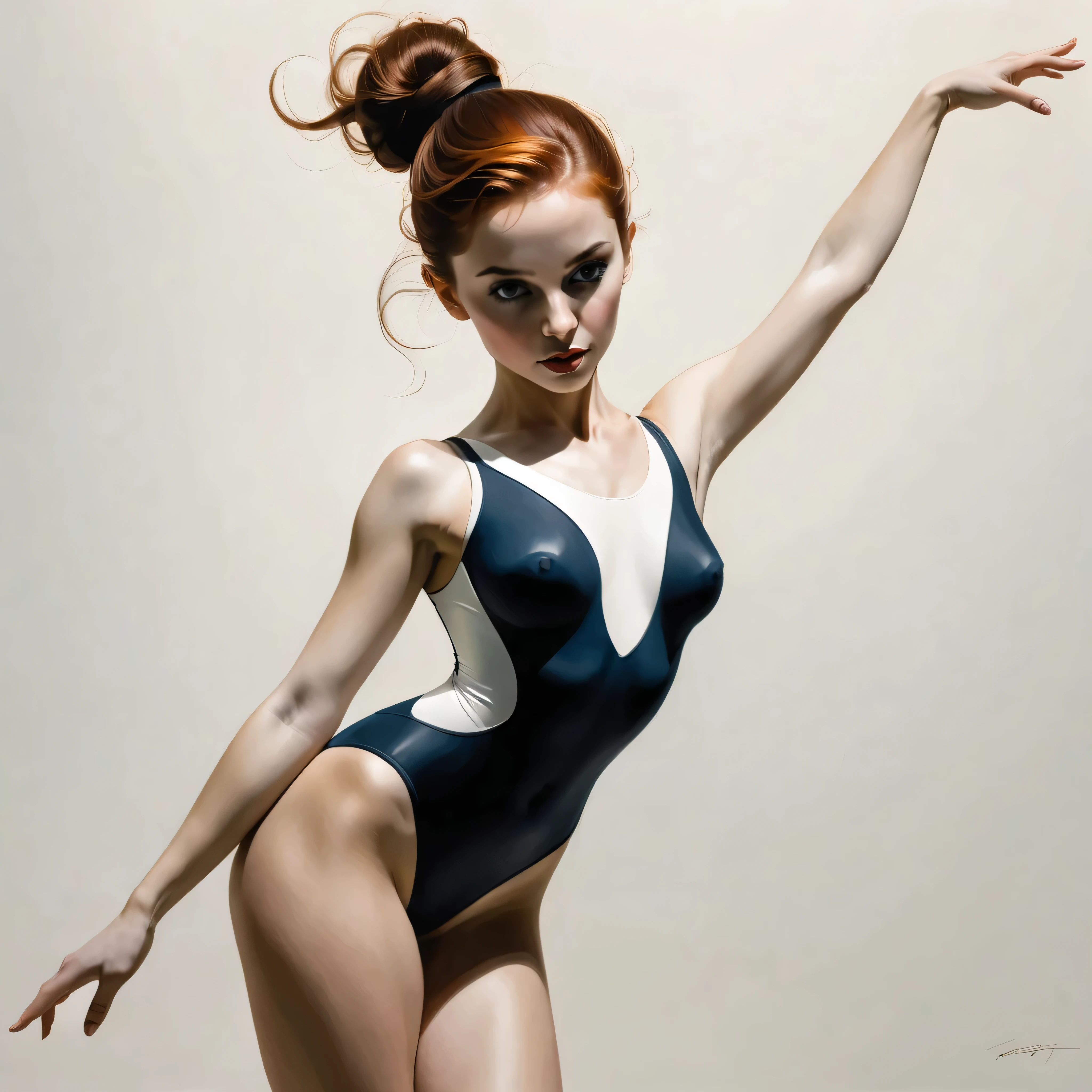 ((amazing choreography):1.13, ((very smooth lines):1.2); Express expressions and postures through ink contrast, The background is a simple. emphasize light, shadow and space. Drawing of Gymnast Beauty. Auburn hair, (Pixie hairstyle), ((fresh)), golden ratio face, perfect face, (attractive body), (fashion model body), wearing gymnast leotard, fine art piece, figurative art, Dress neatly. sexy painting, Wallop | (best quality, 4K, 8k, high resolution,masterpiece:1.2), Super detailed,(actual, photoactual, photo-actual:1.37).