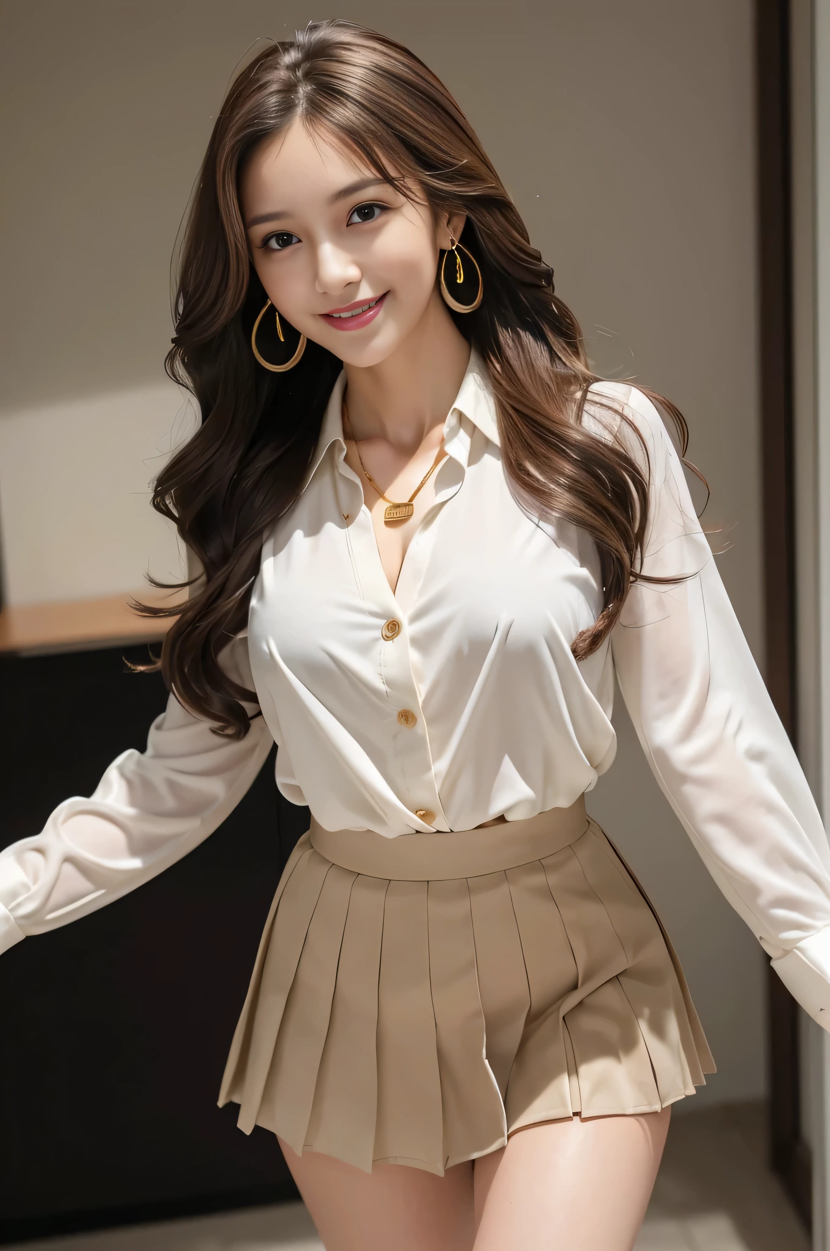 masutepiece, Best Quality, Photorealistic, Ultra-detailed, finely detail, High resolution, 8K Wallpaper, 1 beautiful woman,, light brown messy hair, in a business suit, sharp focus, Perfect dynamic composition, Beautiful detailed eyes, detailed hairs, Detailed realistic skin texture, Smiling, Close-up portrait, Model body type、((Super long brown hair:1.2))、((Hair with loose waves inside:1.2)),((shy smile:1.3)),((gold necklace_Large earrings:1.2)),full body shot、in the office hallway、Coming running up to you、Running with a smile、Let your hair flow、(((full figure supermodel standing, full body shot, entire body in frame))),((white long sleeve button up blouse_with collar_Remove up to the second button_brown pleated mini skirt:1.3)),((With a smile_running towards here_Long hair fluttering:1.4))((full body shot:1.3))、((full body shot:1.3))