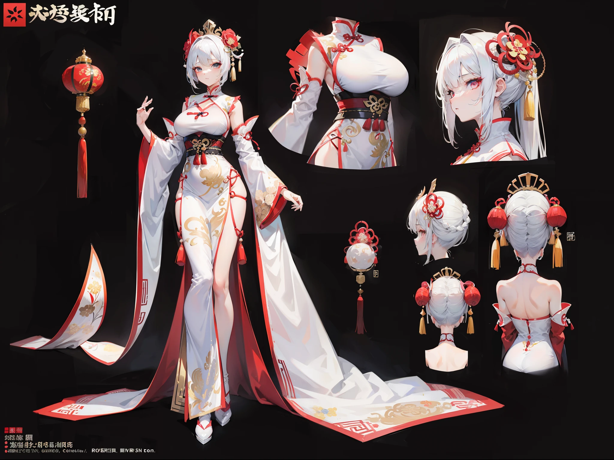 ((masterpiece, best quality)), Detailed face, character design sheet, Full body female love, full of details, body positivity, rear body view, Very detailed, depth, many parts, Sexy girl with white hair,glamorous woman, Chinese traditional clothing, Clothing hollow design,Genshin Impact, Height 190cm,Devil figure,9 head body,A little smaller butt,Breasts are smaller