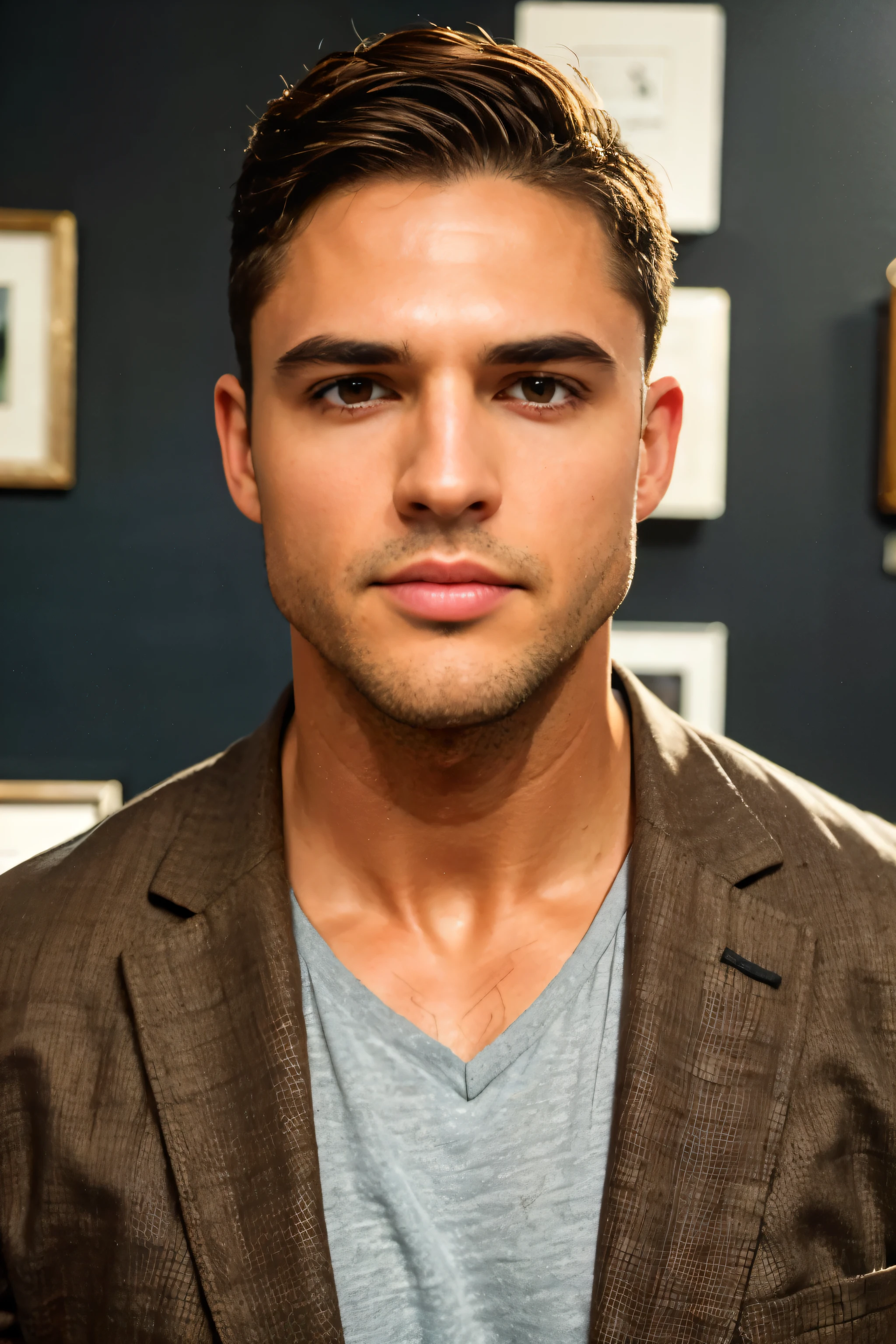 An attractive man in his fifties with short brown hair, cejas espesas, ojos grises sin barba, square face with a sad expression, with a brown jacket and a black t-shirt, se encuentra en un museo.