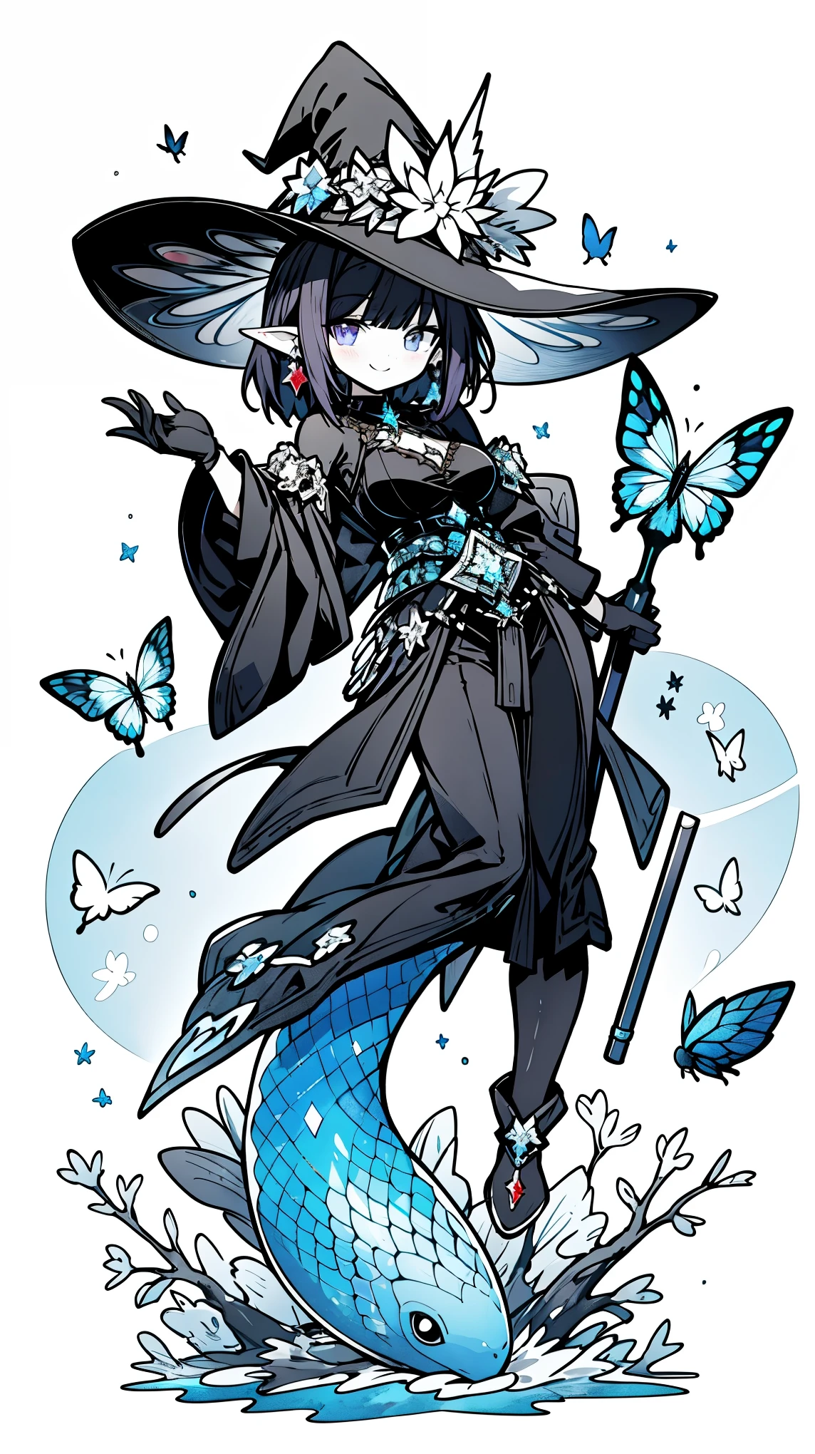 （（masterpiece：1.4，best quality））+，（Ultra-detailed）+，（super detailed eyes）+，（pointed ears：1.5），halo，
（cute girls），，（black eyes：1.15）dark purple short hair，Thick hair（Variza：1.2），Pale complexion，Smile，一個誘人的Smile，stretch out her hand，bell tower surrounded by plants，
（She wore a black shirt，black leather pants，Black lab coat，Black metal mask：1.5），（black gloves：1.4）The sleeves are very long，red witch hat，crystal earrings，mermaid，coral，Menghua，gemstone jewelry，Ocean of fish and trees，Conch headdress，glowing butterfly，jellyfish，sunglasses，puppet，Doll，Olive leaves，
（snake tail：1.1），
（Dawn light：1.2），
（Thick black and white：1.16），（depth of field：1.4），，intricate details，