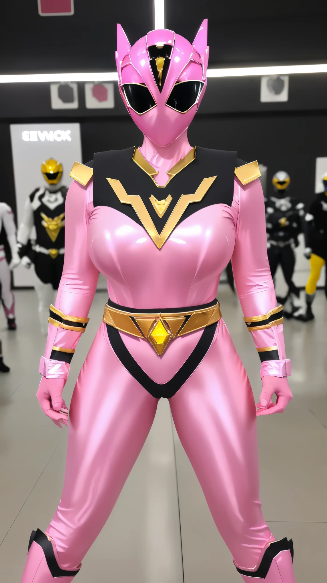 (8K、ultra high resolution、highest quality、masterpiece、realistic、ultra high resolution)、(((Must be female、Always shiny neon pink Power Rangers、Must have big breasts、Definitely quite big breasts、feminine body、tight buttocks)A full-face helmet that ensures that your face and hair are not exposed.、Always a shiny neon pink full body suit、big emblem on the chest:1.3))(very shiny helmet and suit)、fighting pose、(Must be a cosplay venue at Tokyo Big Sight)