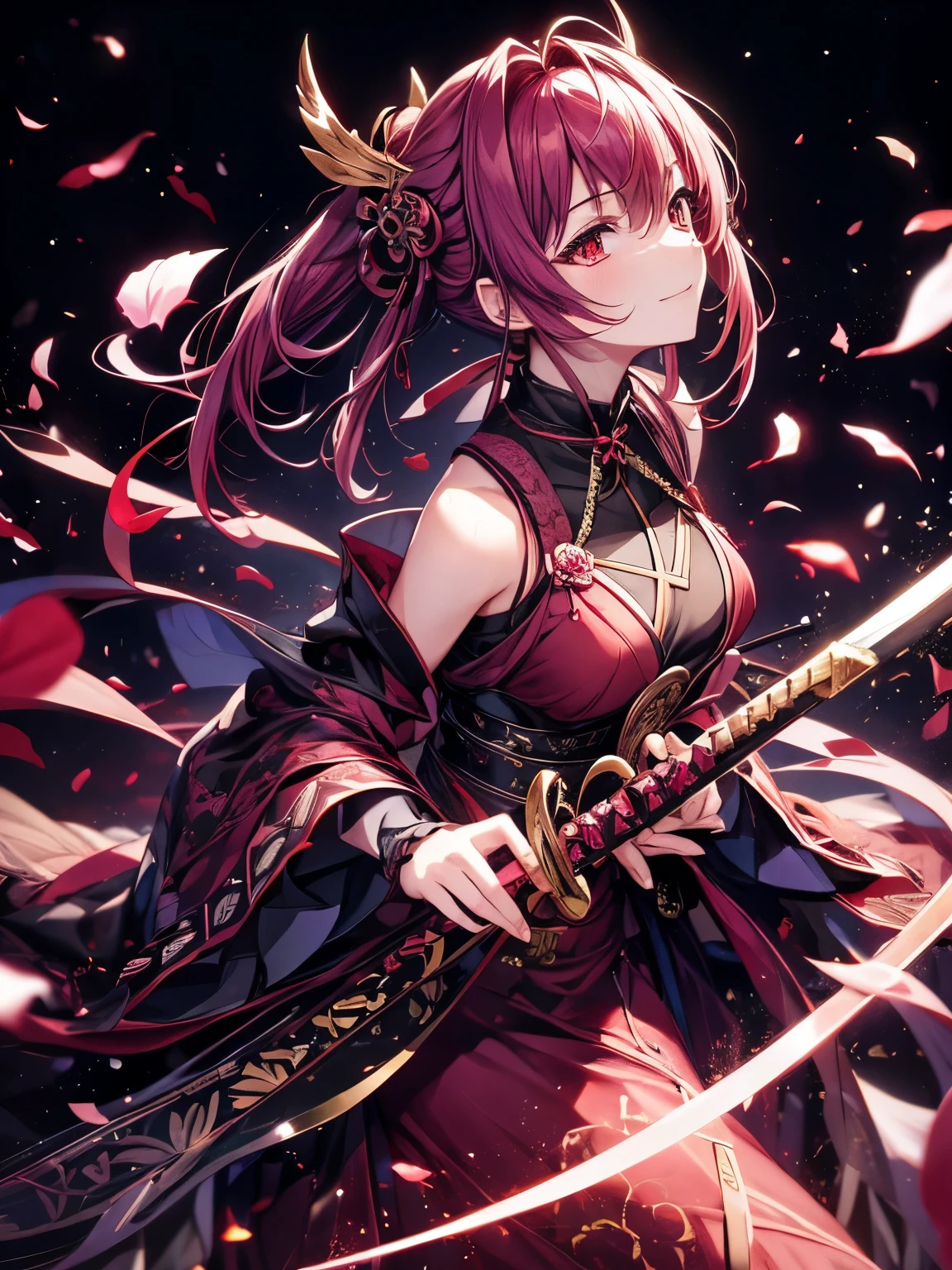 best quality,4K,high resolution),Ultradetailliert,realistisch,portrait, Lila Samurai Sukkubus mit einen katana dunkelrotem Haar, a purple-dark red spring dress with gold trim and bright red eyes, Leuchtende Farben, delicate features, seductive glance, Charming smile, wallende Haare, sanfte Beleuchtung