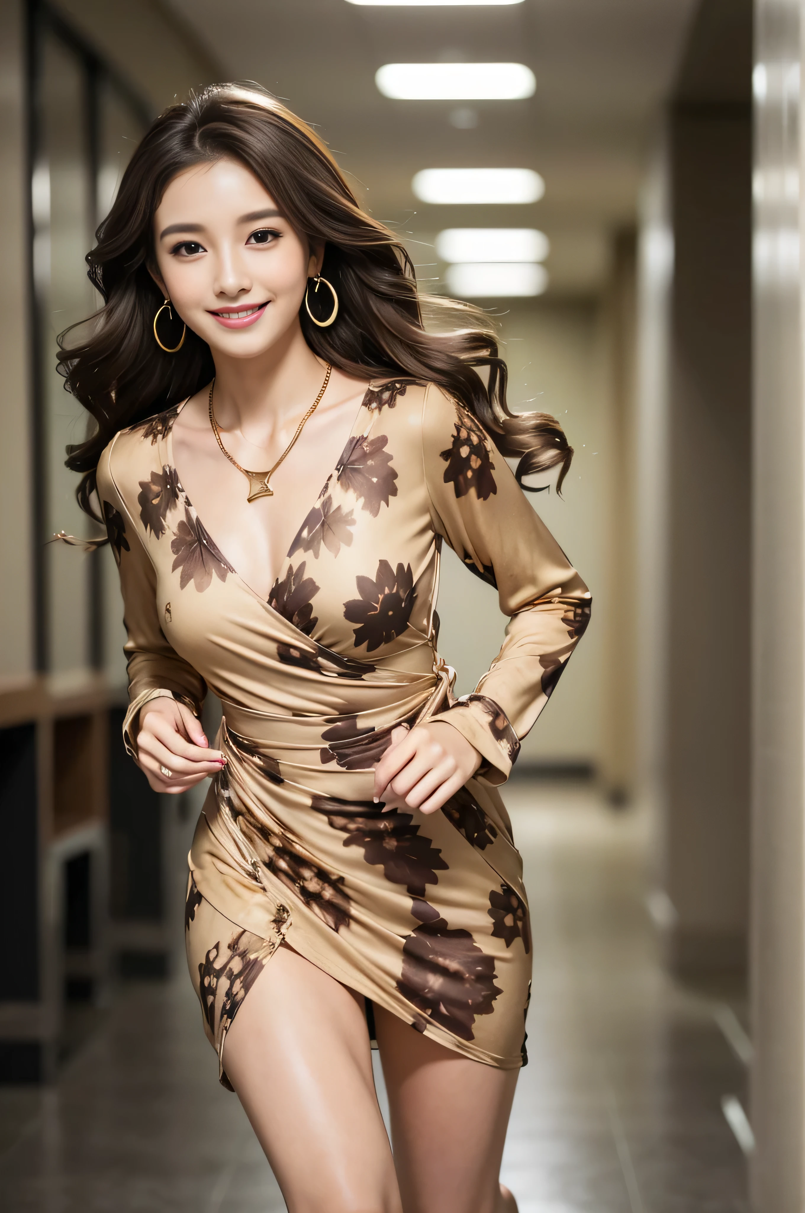 masutepiece, Best Quality, Photorealistic, Ultra-detailed, finely detail, High resolution, 8K Wallpaper, 1 beautiful woman,, light brown messy hair, in a business suit, sharp focus, Perfect dynamic composition, Beautiful detailed eyes, detailed hairs, Detailed realistic skin texture, Smiling, Close-up portrait, Model body type、((Super long brown hair:1.2))、((Hair with loose waves inside:1.2)),((shy smile:1.3)),((gold necklace_Large earrings:1.2)),full body shot、in the office hallway、Coming running up to you、Running with a smile、Let your hair flow、(((full figure supermodel standing, full body shot, entire body in frame))),(((abstract printed dresses_long sleeve_wrap dress_mini dress:1.3)))、((With a smile_running towards here_Long hair fluttering:1.4))((full body shot:1.3))、((full body shot:1.3))