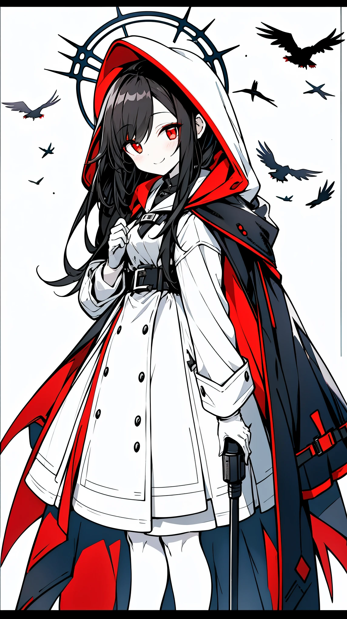 ((masterpiece:1.4,best quality))+,(Ultra-detailed)+,(super detailed eyes)+,(White腿環:1.5),black crow
(cute girl),15 years old,(red eyes:1.15),black hair,long black hair,(Variza:1.2),pale skin,cold,Smile,一個誘人的Smile
(She wears a gray hooded trench coat,There's fluff on it:1.5),(black long skirt:1.4),white shirt white,White gloves,little Red Riding Hood,thin legs,white dove,black red halo,machine gun,
(flocks of crows:1.1),
(Dawn light:1.2),White,
(Thick black and white:1.16),(depth of field:1.4),