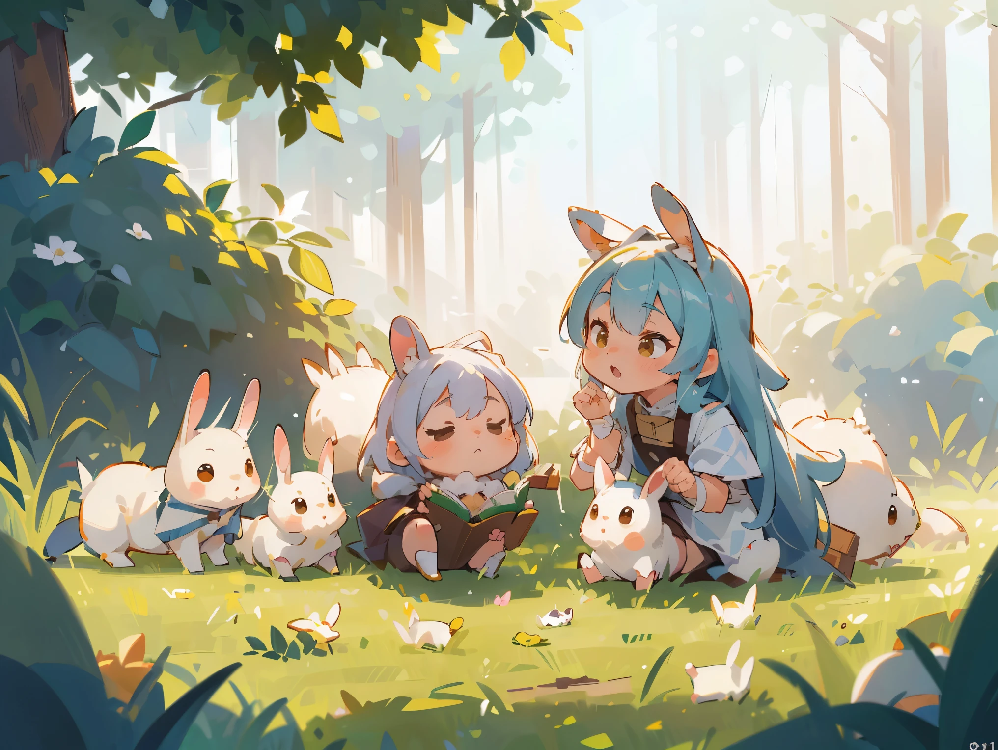 (Best quality at best,4K,8K,A high resolution,tmasterpiece:1.2),ultra - detailed,(actual,realisticlying,Photorealistic:1.37),A bunch of little white rabbits playing in the sun,There is plenty of sunshine,grassy fields,rainbowing,