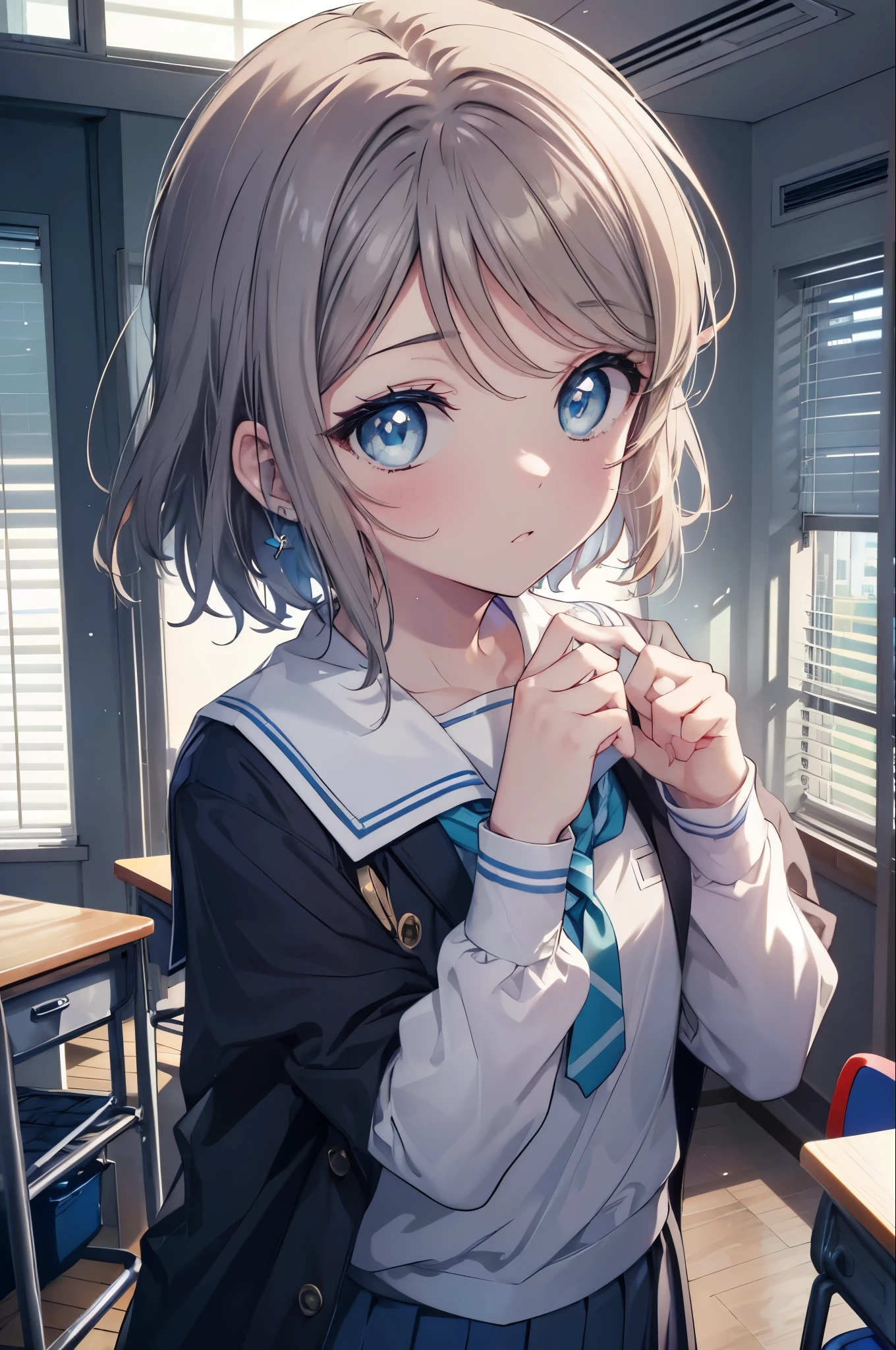 You Watanabe、you watanbe,short hair, gray hair, (blue eyes:1.5) (flat chest:1.2),
break blazer, blue skirt, Jacket, otonokizaka school uniform, pleated skirt, school uniform, winter uniform,
break looking at viewer,
break indoors, classroom,
break (masterpiece:1.2), highest quality, High resolution, unity 8k wallpaper, (figure:0.8), (detailed and beautiful eyes:1.6), highly detailed face, perfect lighting, Very detailed CG, (perfect hands, perfect anatomy),