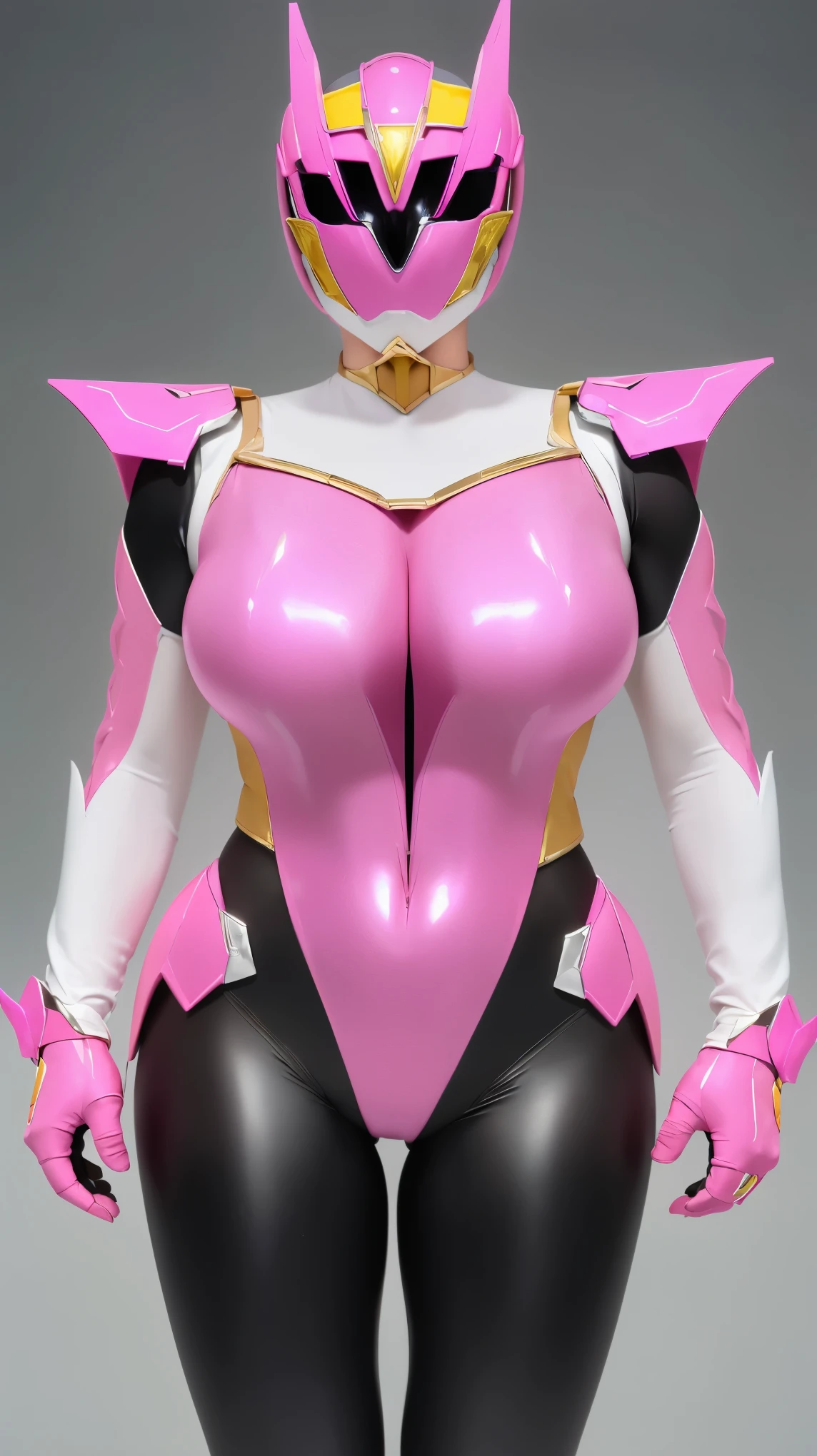 (8K、ultra high resolution、highest quality、masterpiece、realistic、ultra high resolution)、(((Must be female、Always shiny neon pink Power Rangers、Must have big breasts、Definitely quite big breasts、feminine body、tight buttocks)A full-face helmet that ensures that your face and hair are not exposed.、Always a shiny neon pink full body suit、big emblem on the chest:1.3))(very shiny helmet and suit)、fighting pose、(Must be a cosplay venue at Tokyo Big Sight)