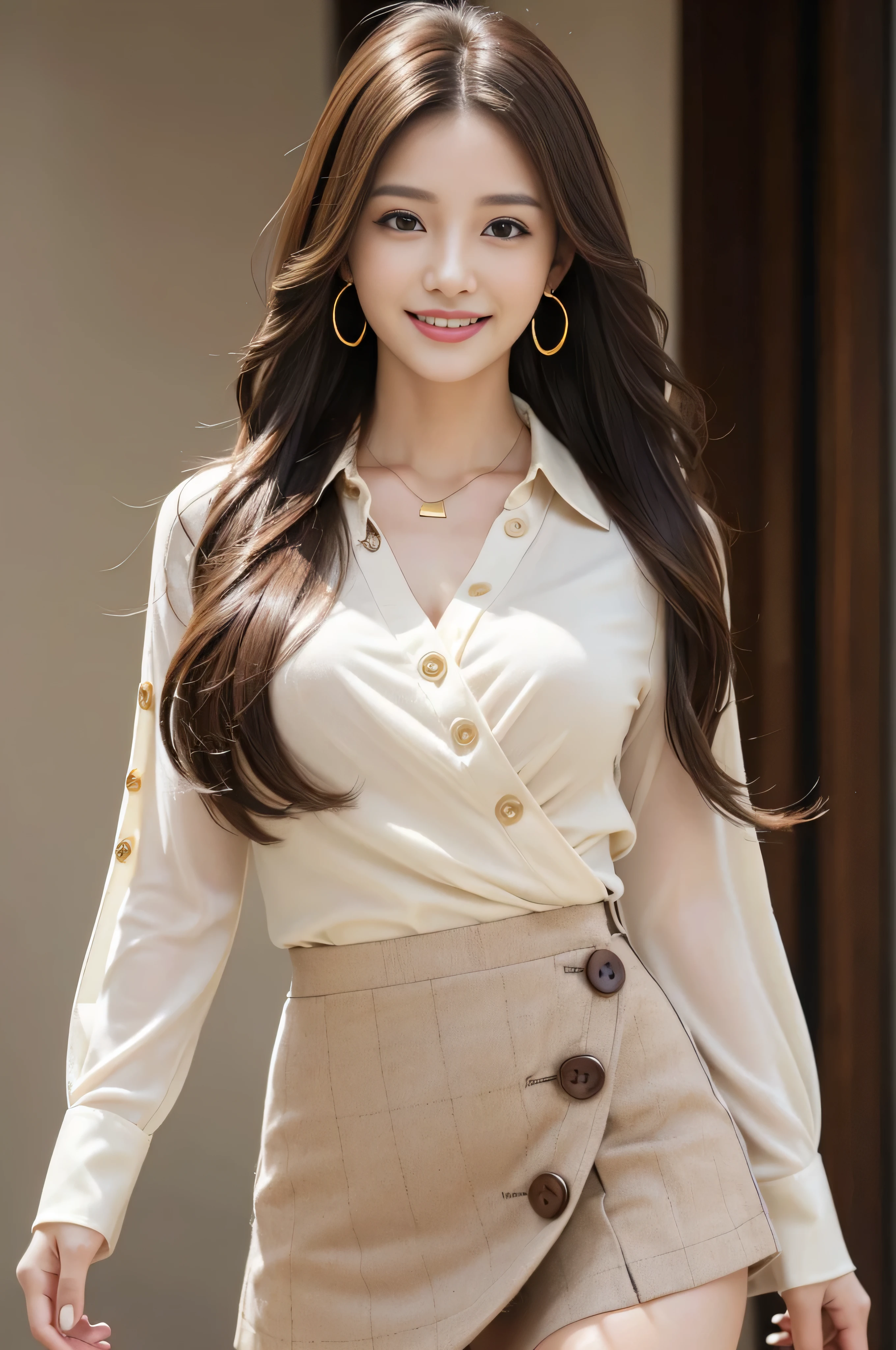 masutepiece, Best Quality, Photorealistic, Ultra-detailed, finely detail, High resolution, 8K Wallpaper, 1 beautiful woman,, light brown messy hair, in a business suit, sharp focus, Perfect dynamic composition, Beautiful detailed eyes, detailed hairs, Detailed realistic skin texture, Smiling, Close-up portrait, Model body type、((Super long brown hair:1.2))、((Hair with loose waves inside:1.2)),((shy smile:1.3)),((gold necklace＿Large earrings:1.2)),full body shot、(((full figure supermodel standing, full body shot, entire body in frame))),((white long sleeve button up blouse_with collar_Remove up to the second button＿Brown Wrap Skirt_tweed wrap skirt:1.3)),((With a smile_running towards here_Long hair fluttering:1.3))((full body shot:1.3))、((full body shot:1.3))