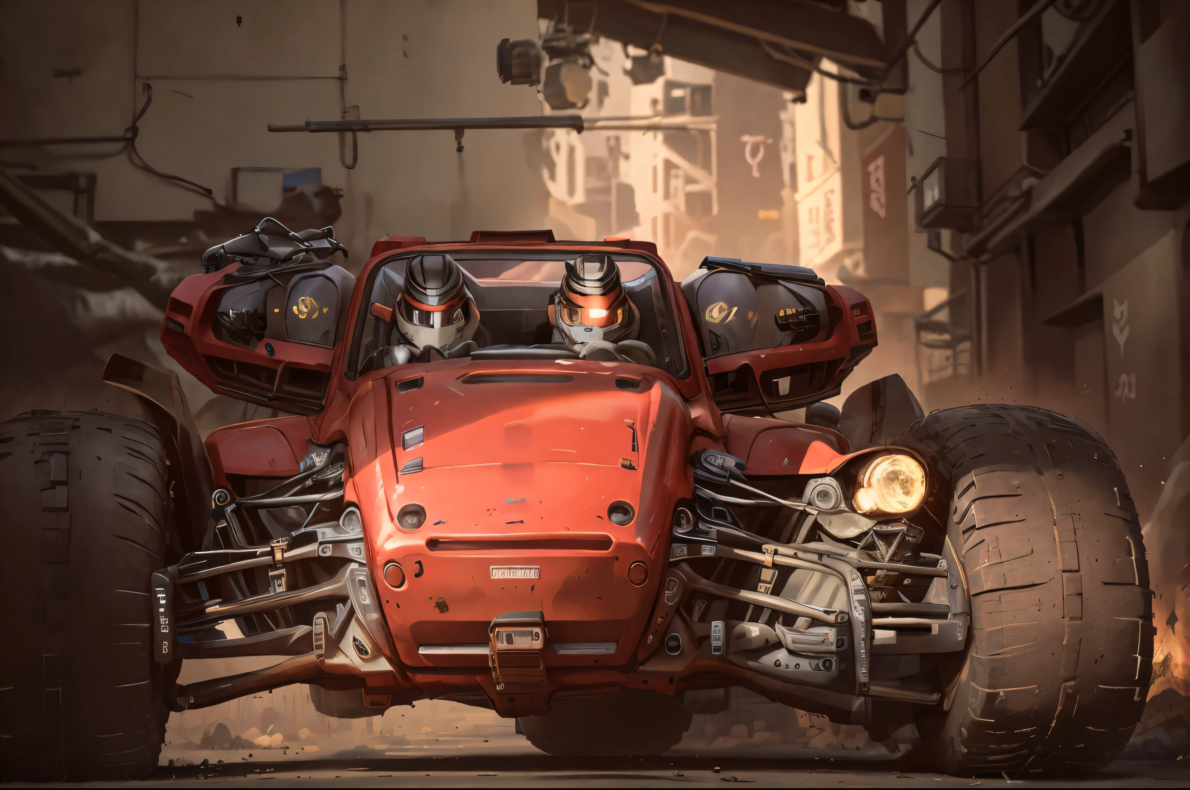 arafed vehicle with lights on parked in a parking lot, buggy, by Frederik Vermehren, by Romain brook, header text”, zac retz, tesla dune buggy, by Mathias Kollros, by Thomas Häfner, trophy truck, by Sebastian Vrancx, photo taken at night, by Elias Ravanetti