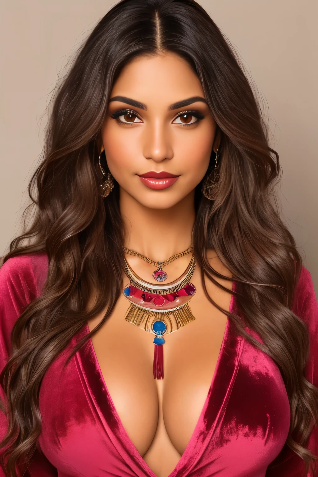 Create a Hypnotically Beautiful Latin woman , give her long brown wavy hair, brown eyes , long lashes and full lip , wearing a velvet pink and red gypsy like v neck top with layered necklace ready to hypnotize someone.