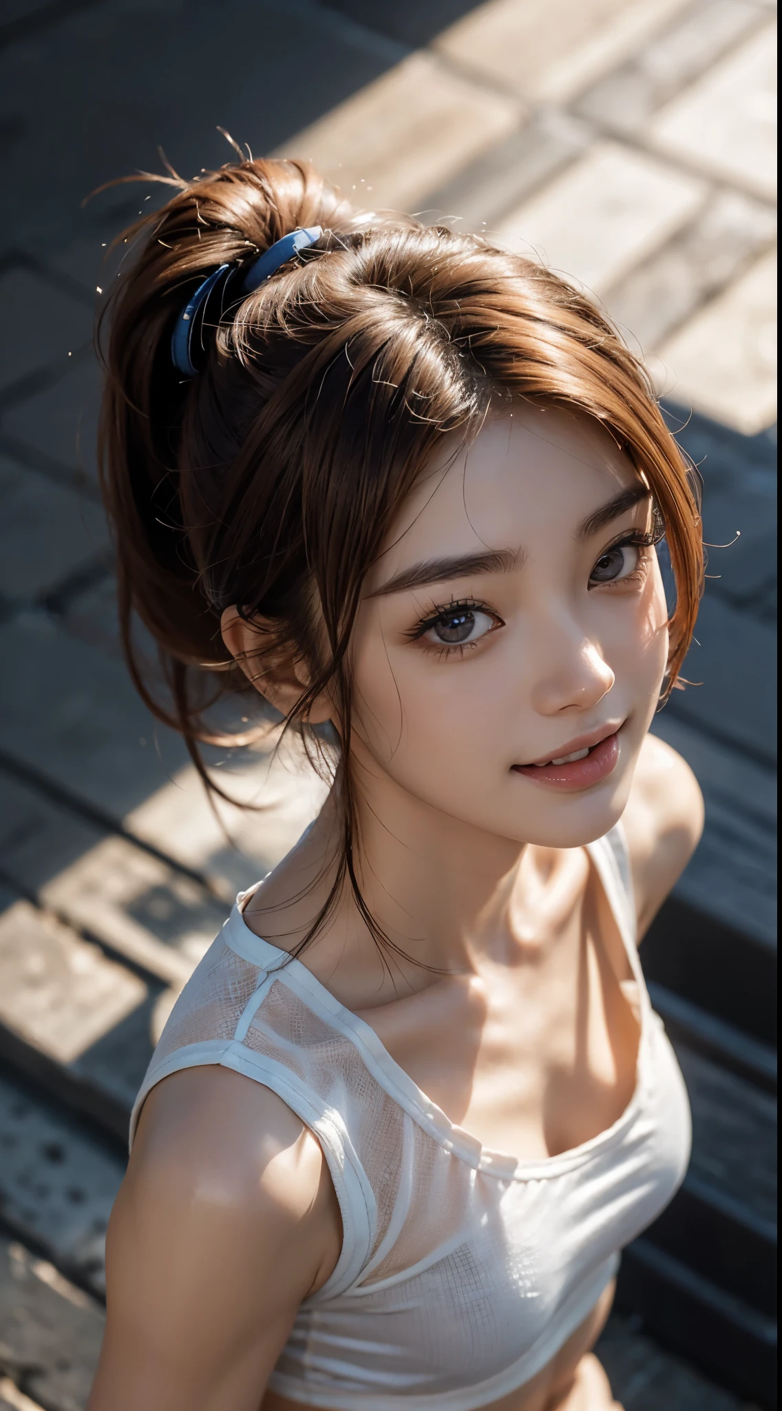 highest quality、8k、32K、Masseter muscle part、nffsw:1.3)、((close:1.3)),cute japanese girl、1 girl、((ponytail))、profile、(crack your abs、slim body shape:1.2)、(lips) 、(orange hair)、double eyelid、shiny skin、realistic rays of light、big、beautiful face、(laughter:1.3),(From above:1.2)、(close:1.4),Bright terrace,black chibi t-shirt、blurred background、(front focus)、photo-realistic、professional lighting、highly detailed face、award-winning、deep shadow、((Ultra-realistic raw photos)),fine eyes,Lifelike eyes,thin hair,